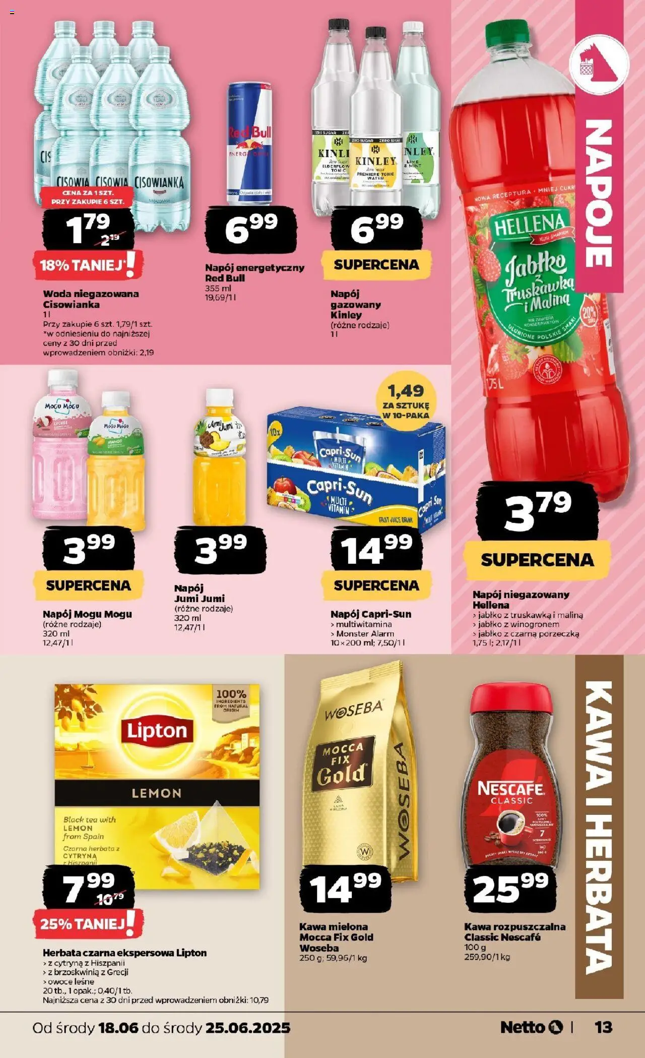 Netto gazetka - Spożywcza od 18.06.2025 | Strona: 13 | Produkty: Cytryna, Kawa rozpuszczalna, Napoje, Woda niegazowana
