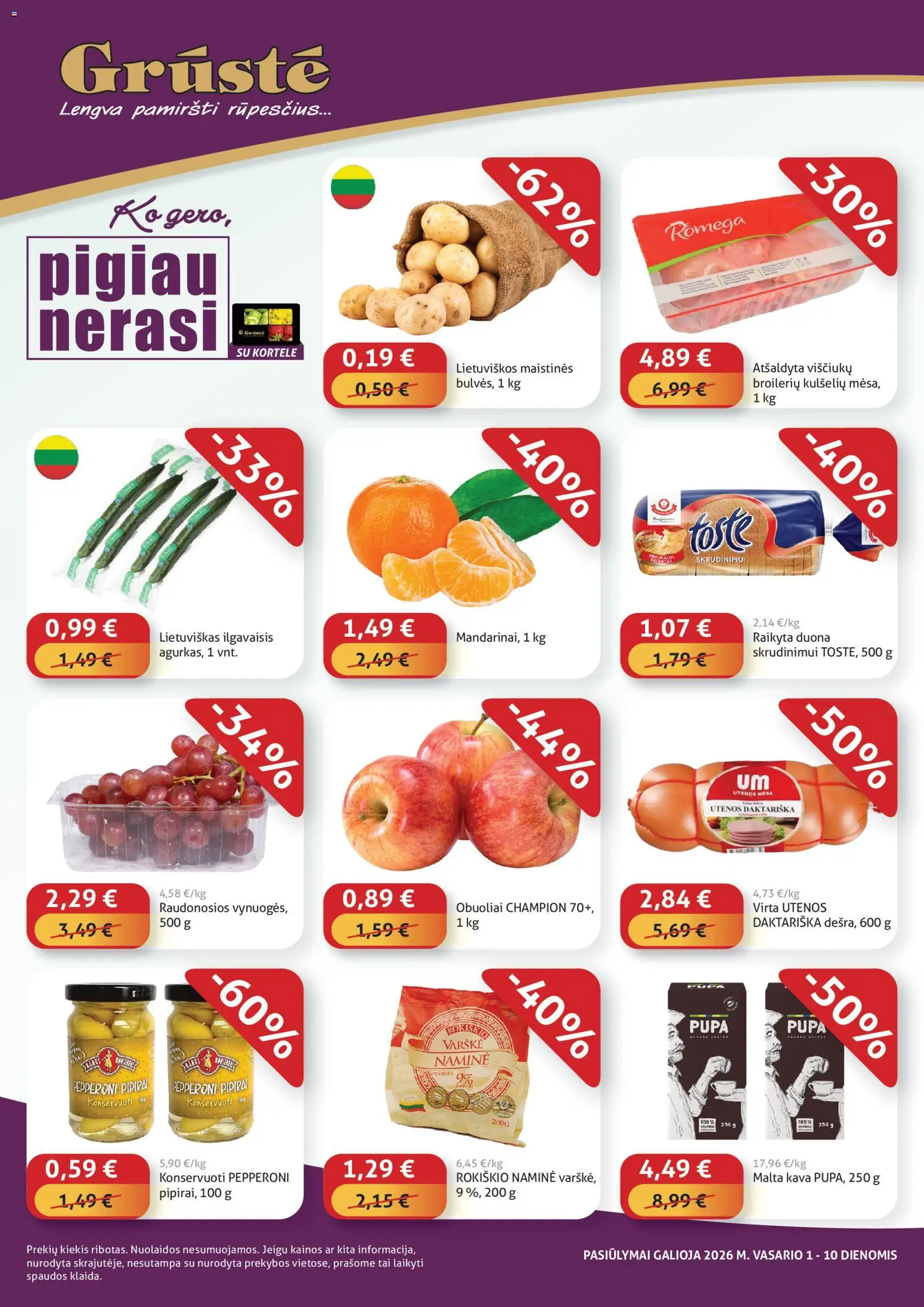 GRUSTE akcijos nuo 01.02.2026 | Puslapis: 1 | Prekių: Duona, Varškė, Kava, Obuoliai