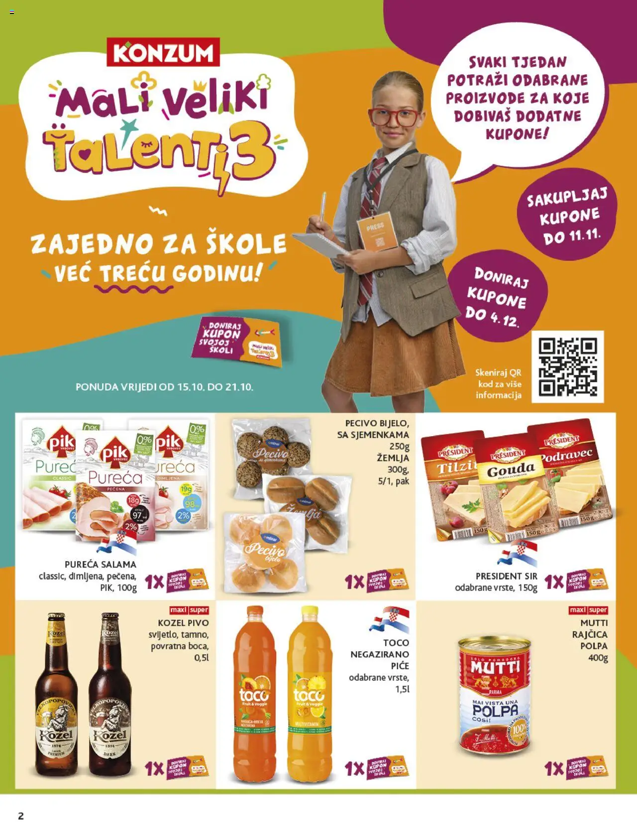 Konzum katalog | vrijedi od 15.10.2025 | Stranica: 2 | Proizvodi: Kozel, Salama, Pecivo, Gouda