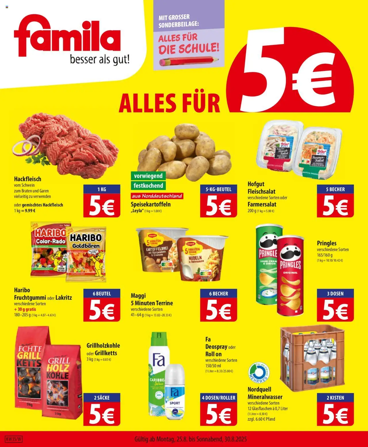 Famila Prospekt 	 - gültig ab dem 25.08.2025 | Seite: 1 | Produkte: Grill, Maggi, Pringles, Hackfleisch