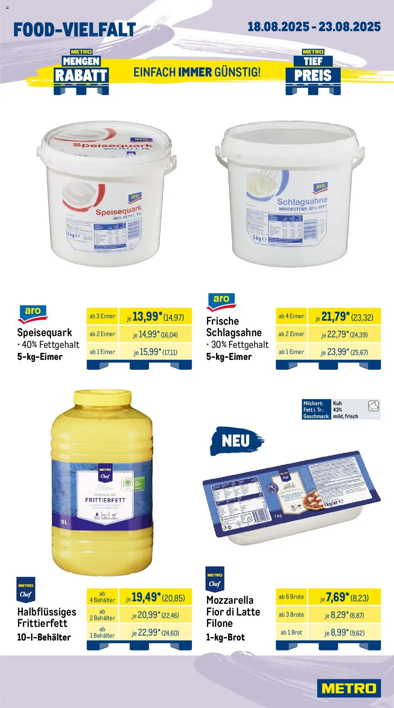 Metro Wochen-Angebote Gastro - gültig ab dem 18.08.2025 | Seite: 9 | Produkte: Schlagsahne, Mozzarella, Brot, Speisequark