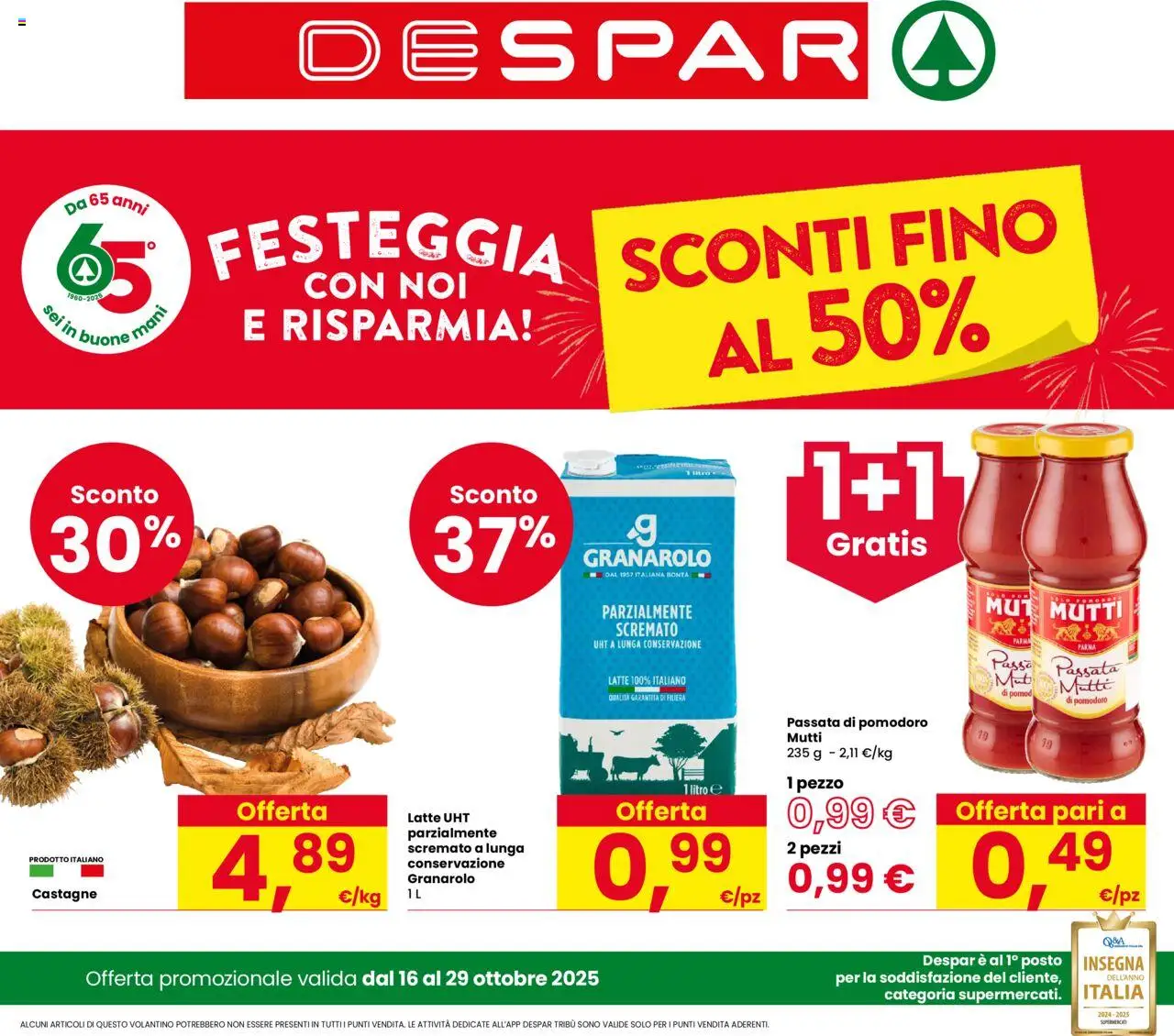 Volantino Despar del 16.10.2025 | Pagina: 1 | Prodotti: Pomodoro, Latte, Passata di pomodoro, Mutti