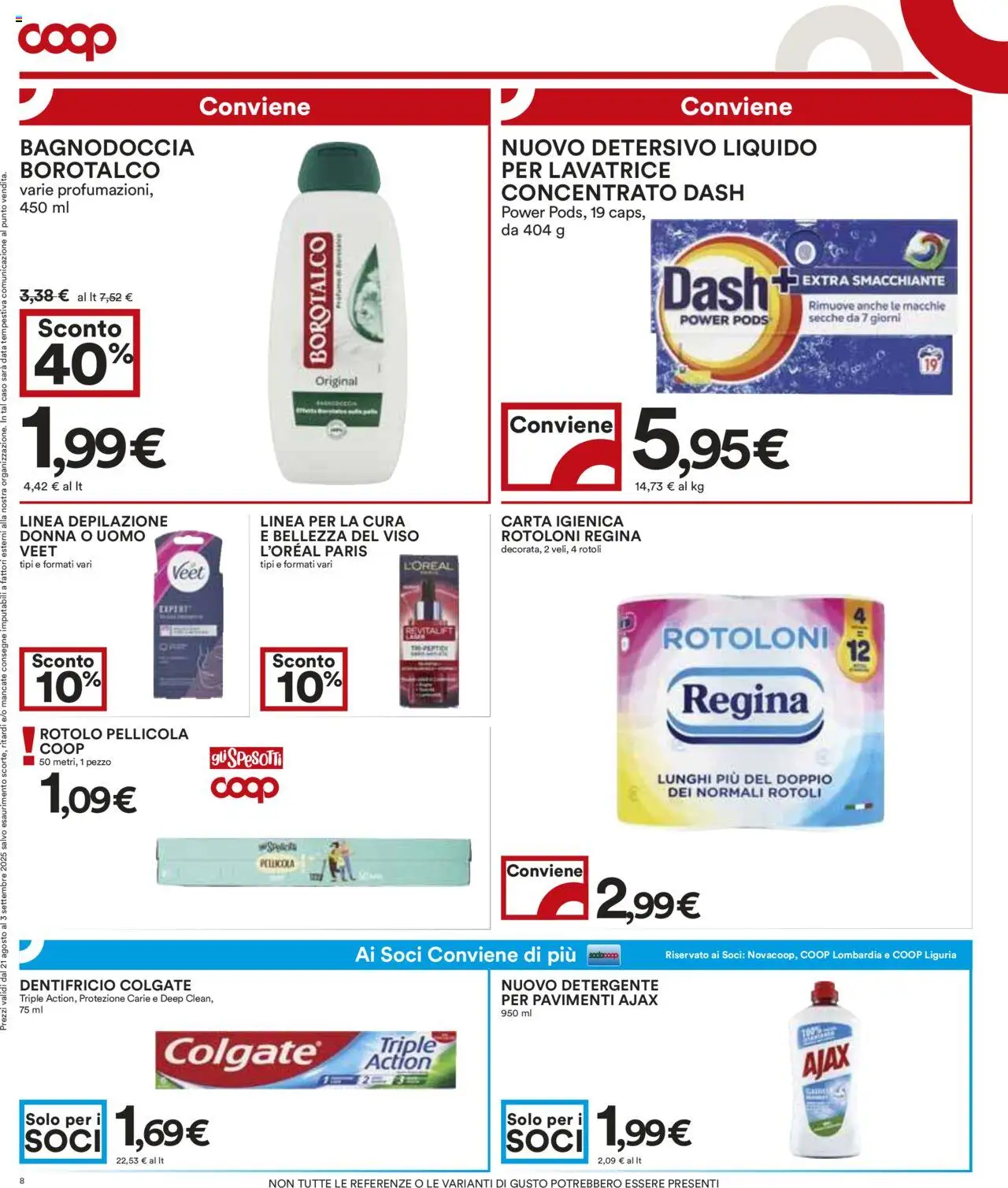 Volantino COOP del 21.08.2025 | Pagina: 8 | Prodotti: Dentifricio, Detergente, Data, Pellicola