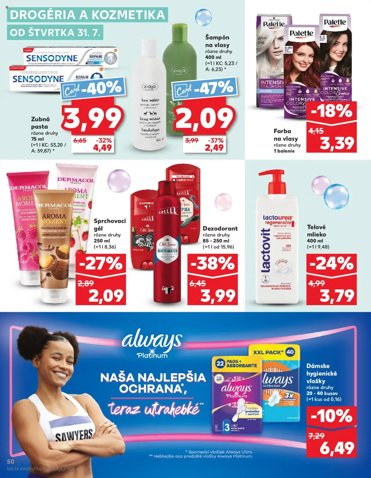 Kaufland Dubnica Nad Váhom │ platný od 31.07.2025 | Strana: 50 | Produkty: Telové mlieko, Dezodorant, Zubná pasta, Jahody