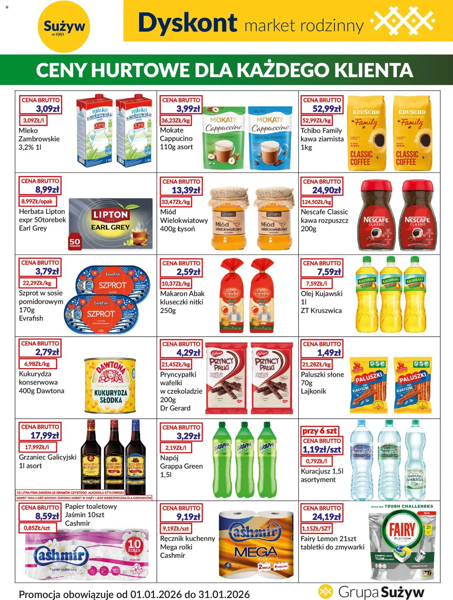 Sużyw Gazetka - Dyskont od 01.01.2026 | Strona: 1 | Produkty: Tchibo, Herbata lipton, Olej, Makaron