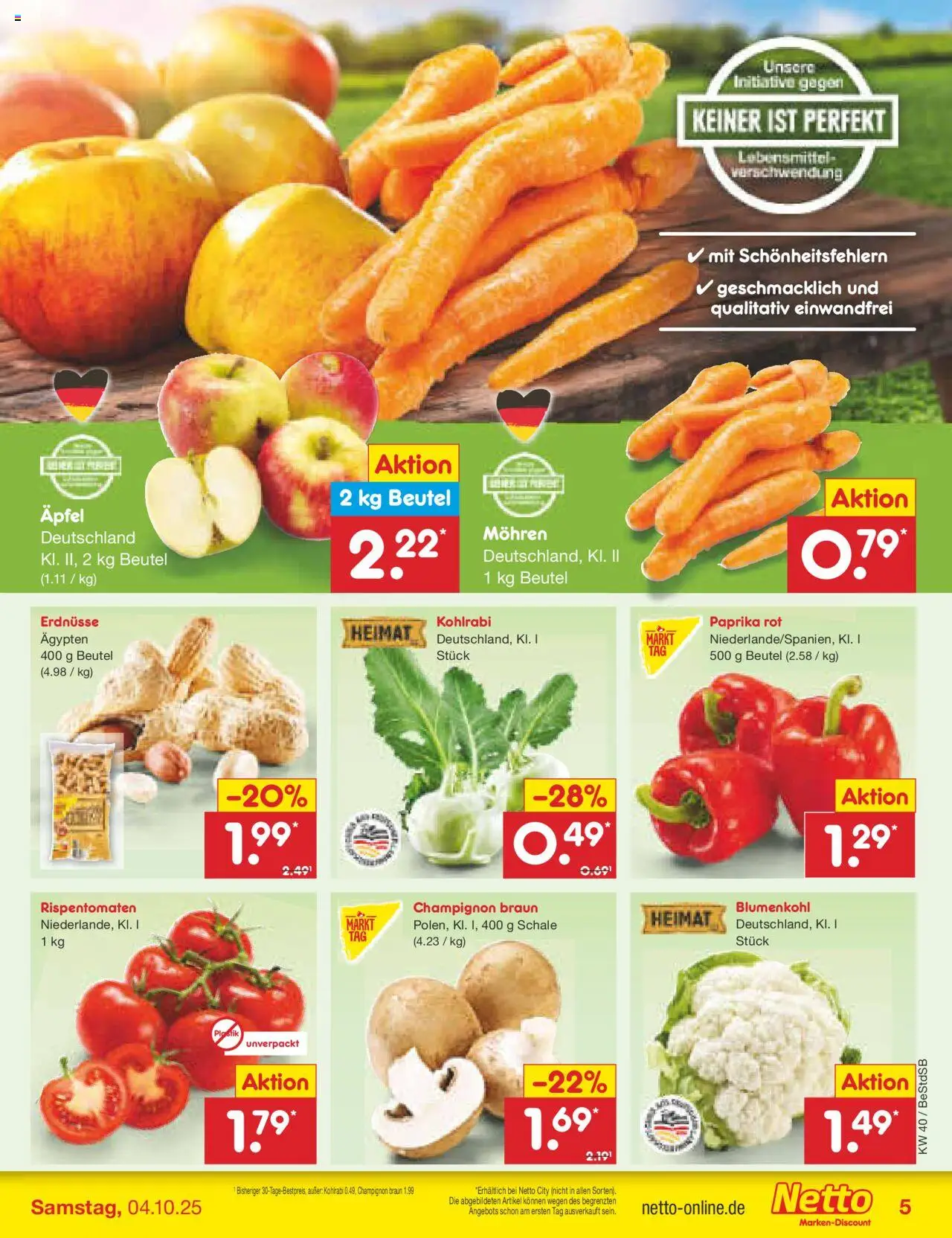Netto Marken-Discount Prospekt 	 – gültig ab 29.09.2025 | Seite: 5 | Produkte: Paprika rot, Äpfel, Mohren, Blumenkohl