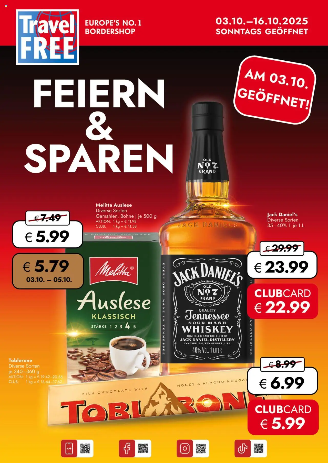 Travel Free leták od 03.10.2025 | Strana: 1 | Produkty: Whiskey, Jack Daniel’s, Toblerone, Milk chocolate