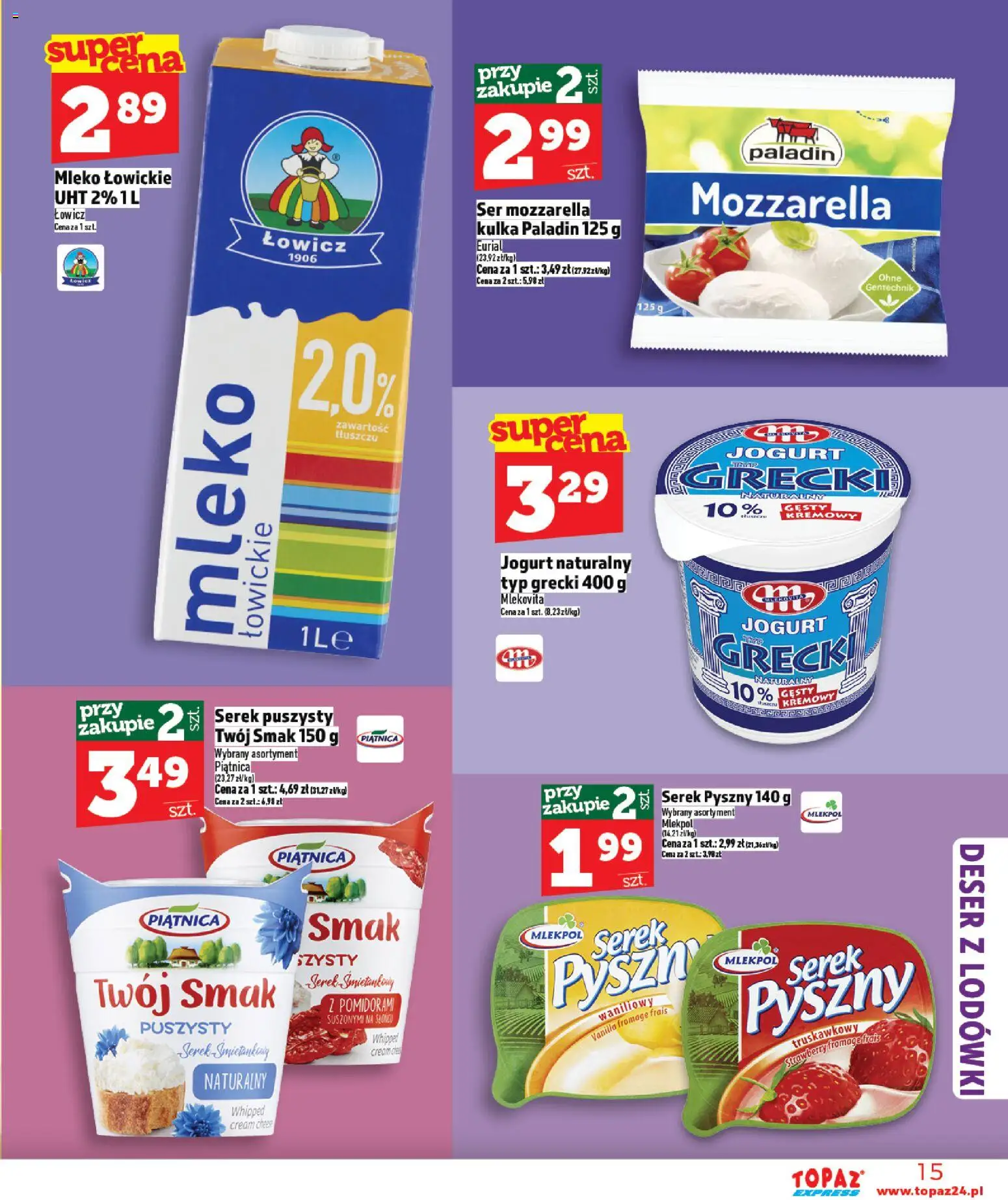 Topaz Gazetka - Express od 15.01.2026 | Strona: 15 | Produkty: Serek, Mleko, Ser, Jogurt