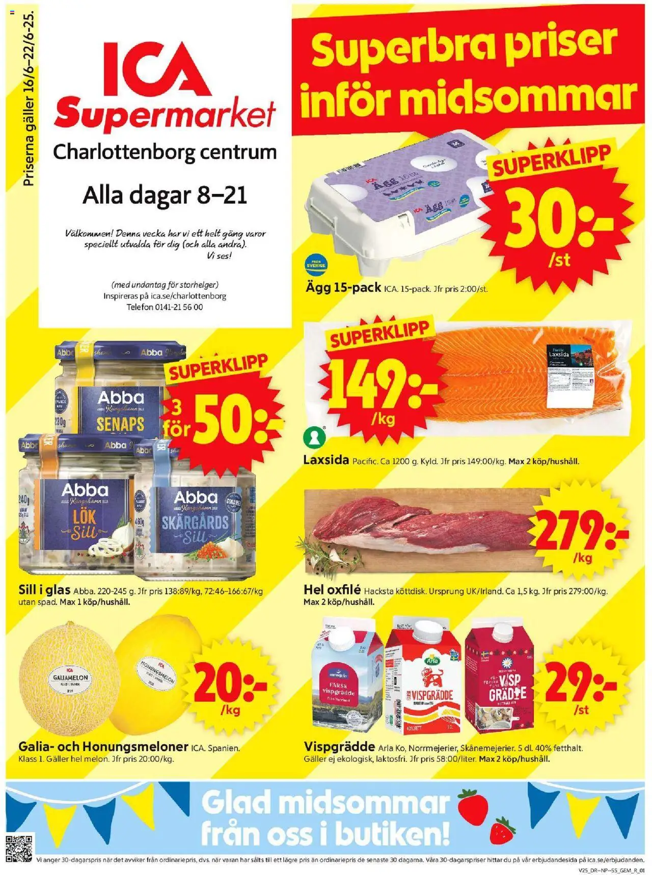 ICA Supermarket reklamblad aktuell från 16.06.2025 | Sida: 1 | Produkter: Galler, Ägg, Telefon, Vispgrädde