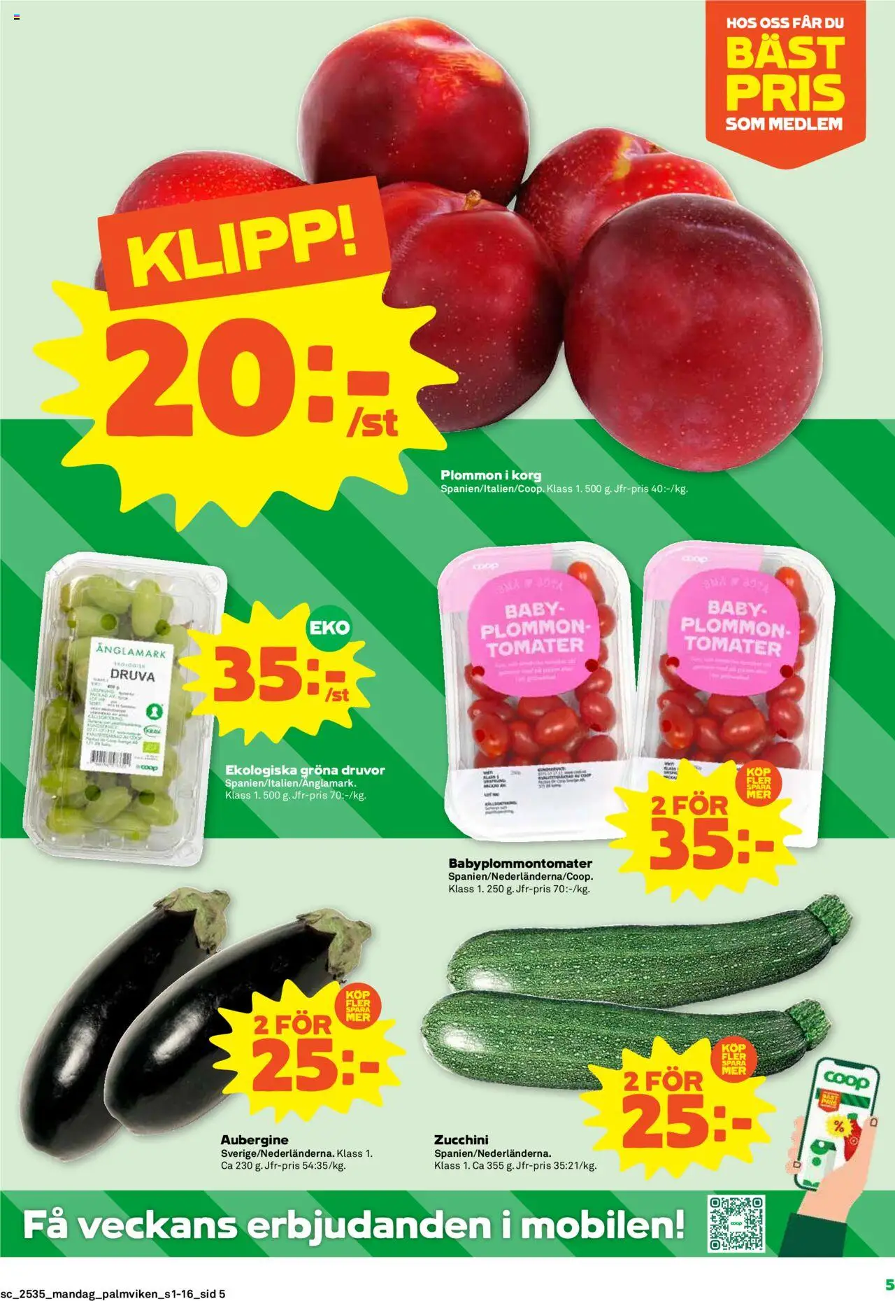 Stora Coop reklamblad aktuell från 25.08.2025 | Sida: 5 | Produkter: Plommon, Tomater, Aubergine, Zucchini