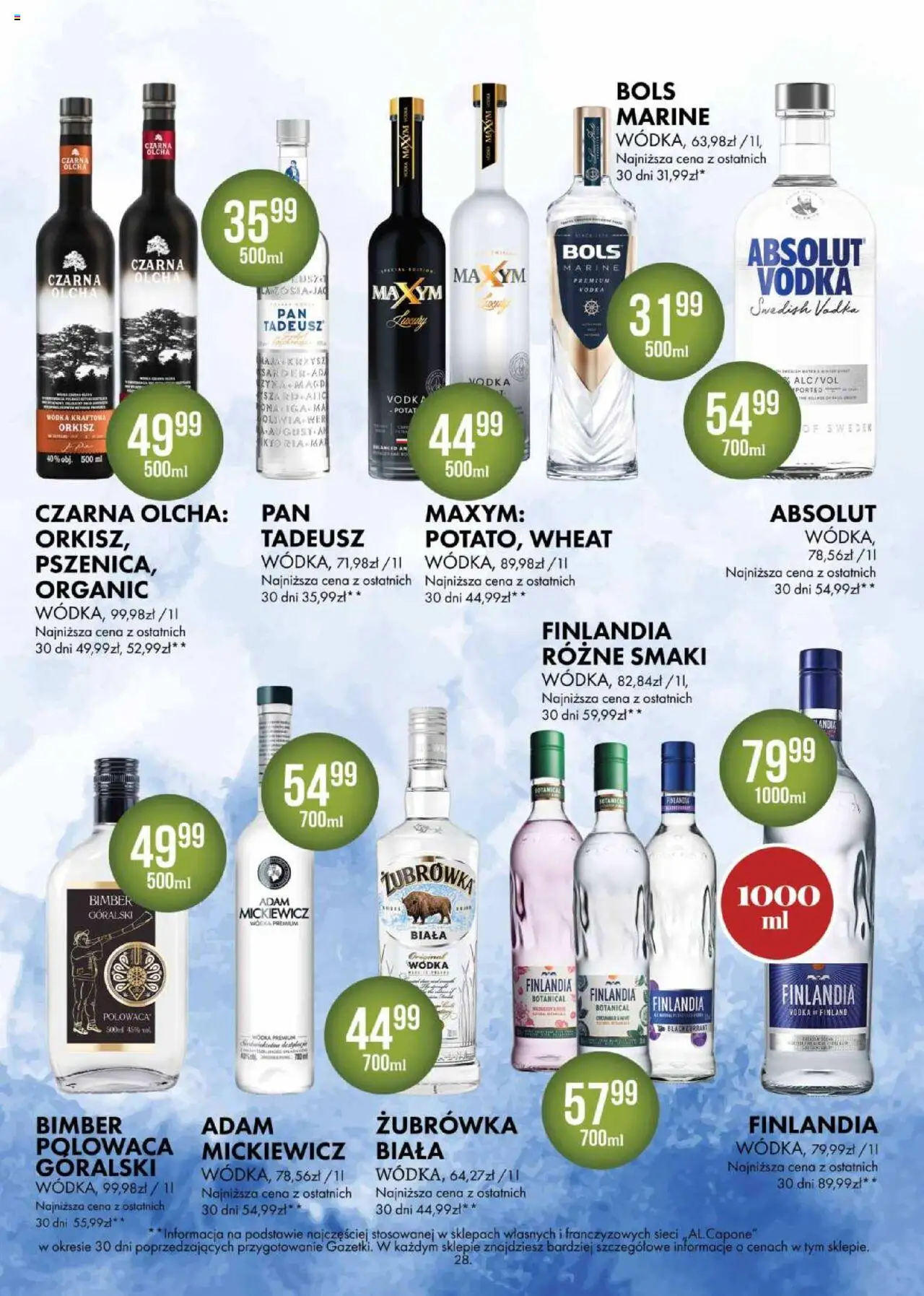 Al.Capone Gazetka od 11.08.2025 | Strona: 28 | Produkty: Wódka finlandia, Żubrówka, Vodka, Wódka