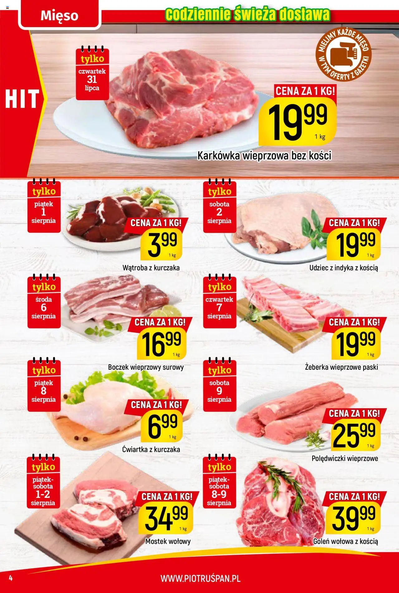 Piotruś Pan Gazetka od 31.07.2025 | Strona: 4 | Produkty: Karkówka, Mięso, Boczek wieprzowy, Boczek