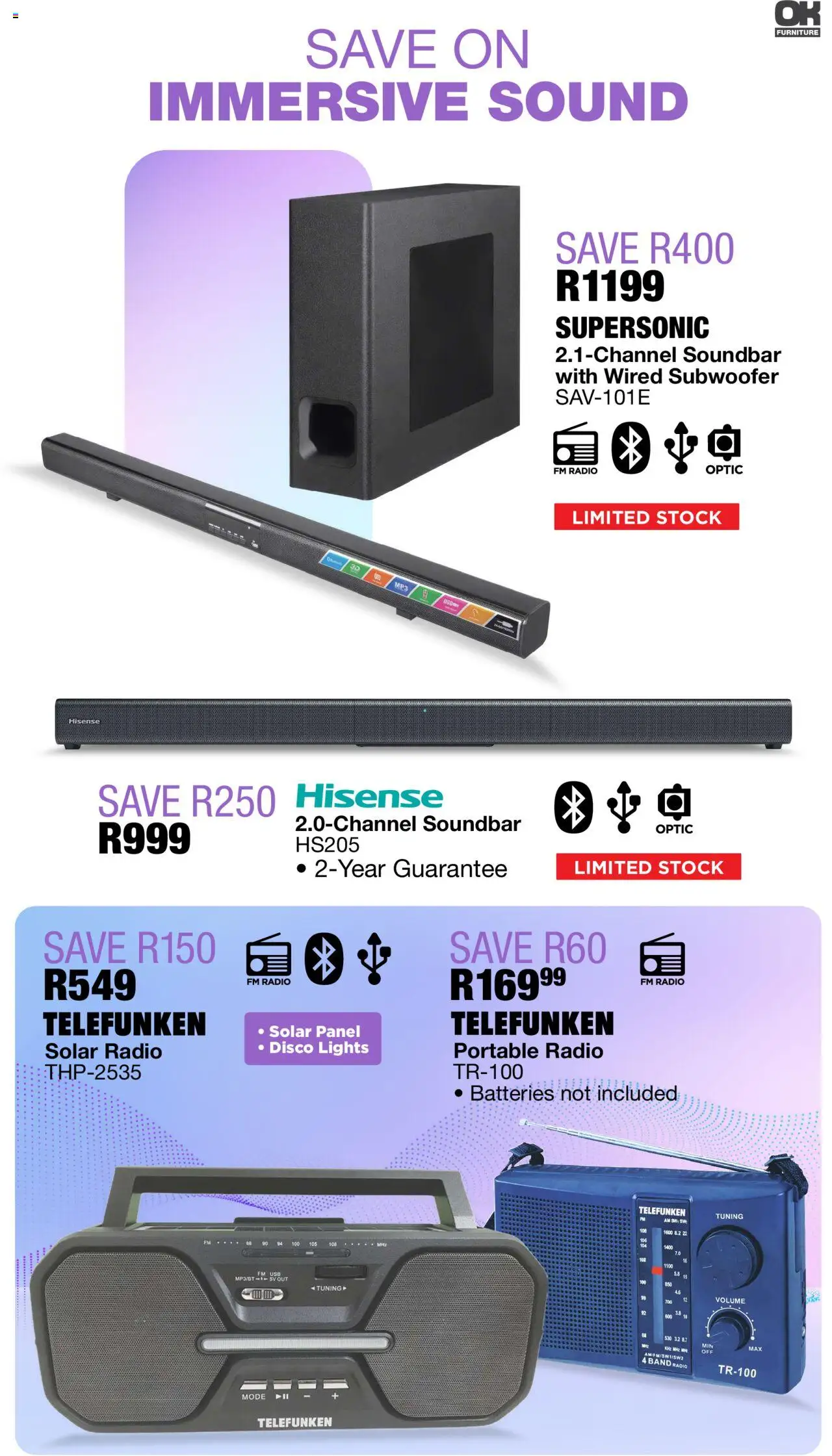 New OK Furniture catalogue – valid from 15.09.2025 | Page: 16 | Products: Radio, Soundbar, Subwoofer, Stock