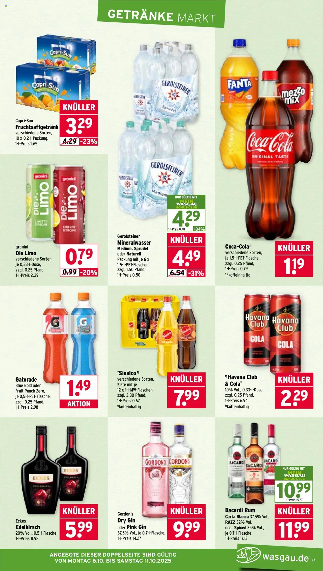 Wasgau Prospekt 	 – gültig ab 06.10.2025 | Seite: 13 | Produkte: Havana club, Rum, Mineralwasser, Gin