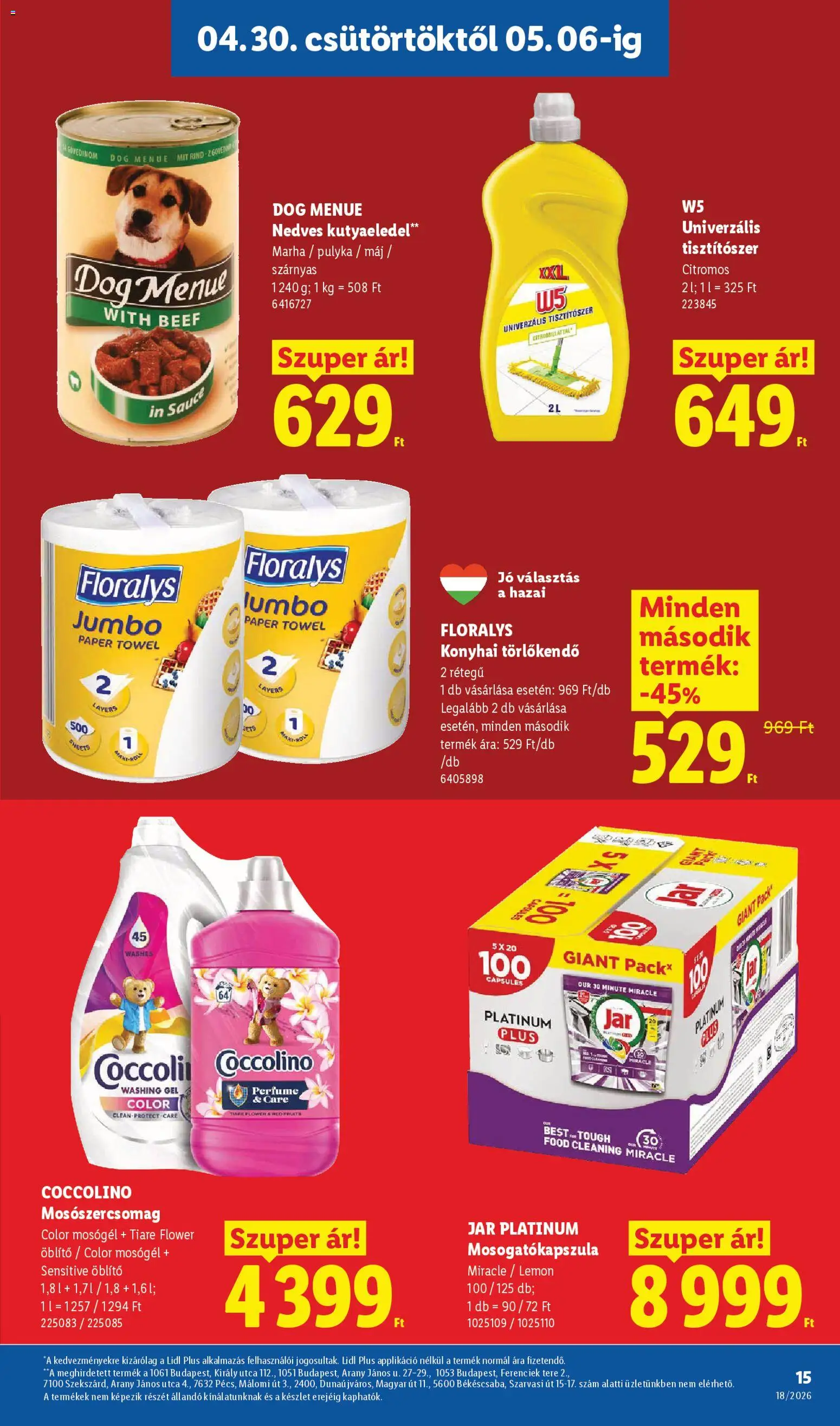 Lidl akciós ujság - amely érvényes a következő dátumtól: 30.04.2026 | Oldal: 15 | Termékek: Kutyaeledel, Törlőkendő, Mosógél, Öblítő