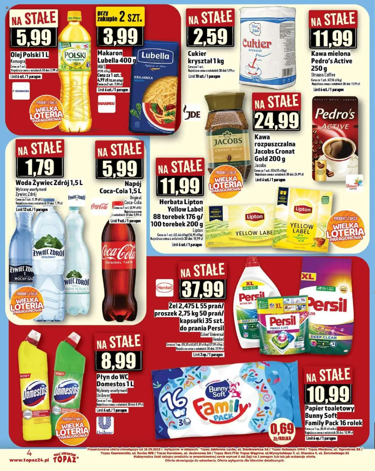 Topaz Gazetka - Ceny małe na stałe od 02.10.2025 | Strona: 4 | Produkty: Kawa rozpuszczalna, Herbata lipton, Domestos, Makaron