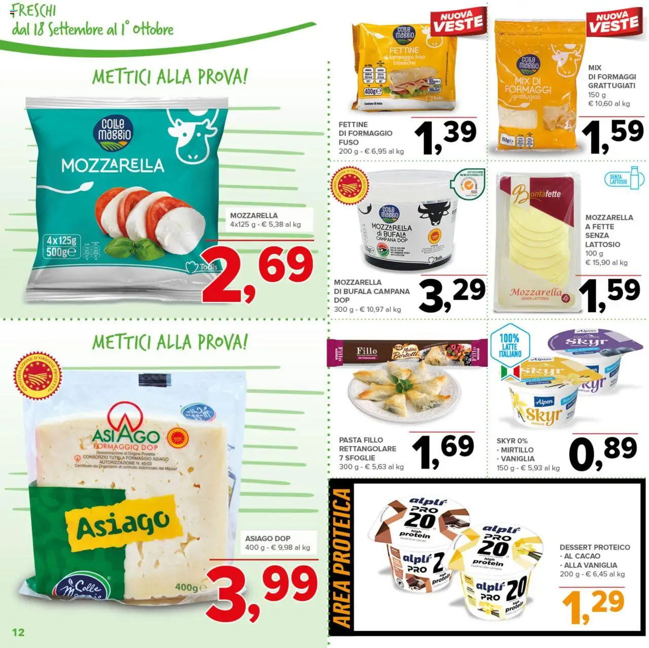 Volantino Todis del 18.09.2025 | Pagina: 12 | Prodotti: Mozzarella, Formaggio, Pasta, Cacao