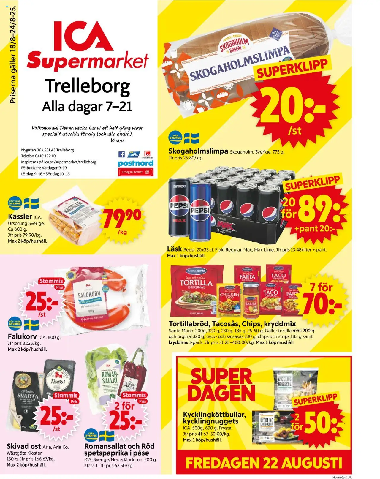 ICA Supermarket reklamblad aktuell från 18.08.2025 | Sida: 1 | Produkter: Bageri, Salsa, Galler, Pepsi