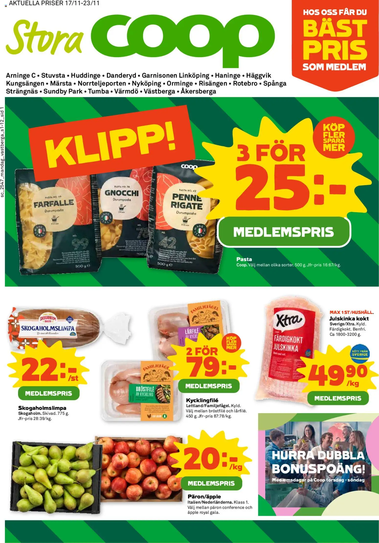 Coop Forum reklamblad aktuell från 17.11.2025 | Sida: 1 | Produkter: Kycklingfile, Äpple, Pasta