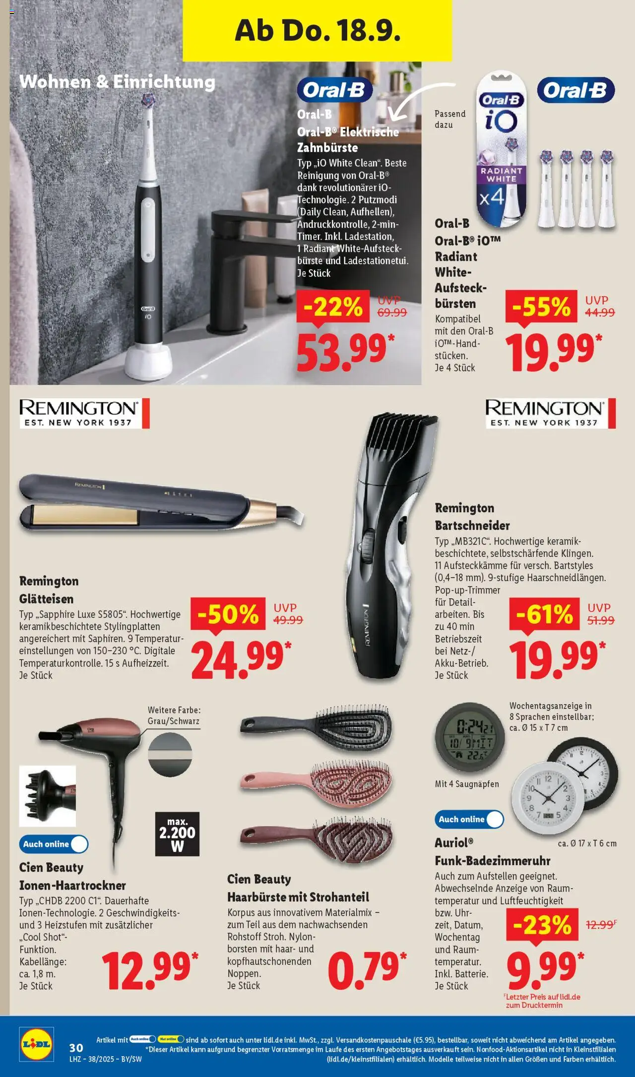 Lidl Prospekt Uffenheim – gültig ab 15.09.2025 | Seite: 46 | Produkte: Bürste, Zahnbürste, Glätteisen, Uhr