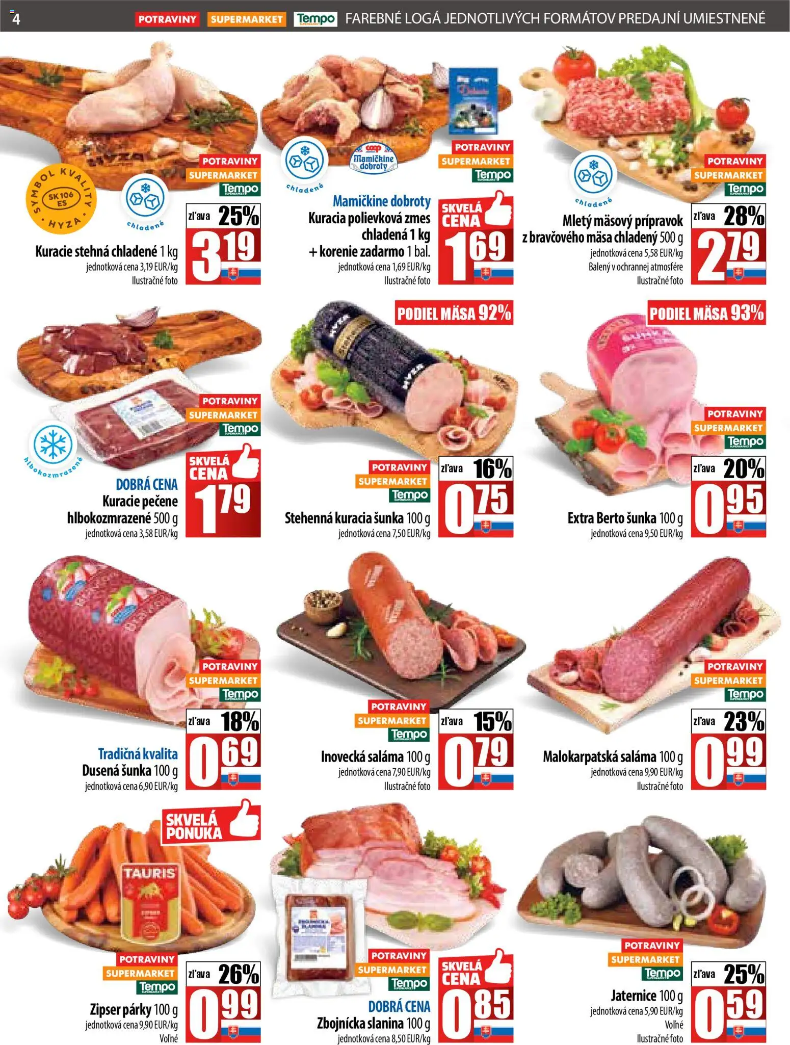 Nové COOP Jednota akcie – leták je platný od 20.11.2025 | Strana: 4 | Produkty: Saláma, Slanina, Kuracie stehná, Korenie