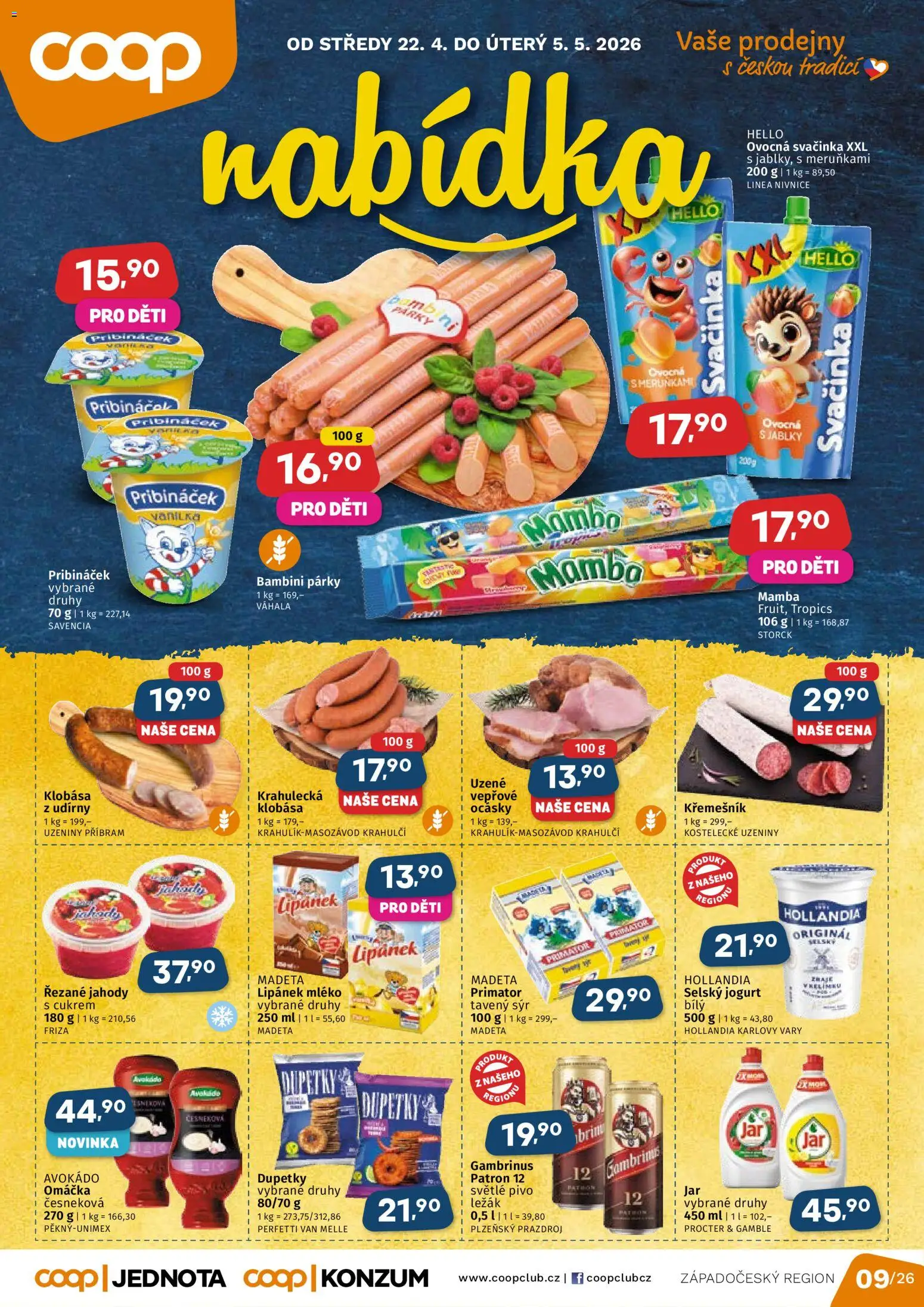 Coop leták - Západočeský region od 22.04.2026 | Strana: 1 | Produkty: Tavený sýr, Jahody, Klobása, Uzeniny