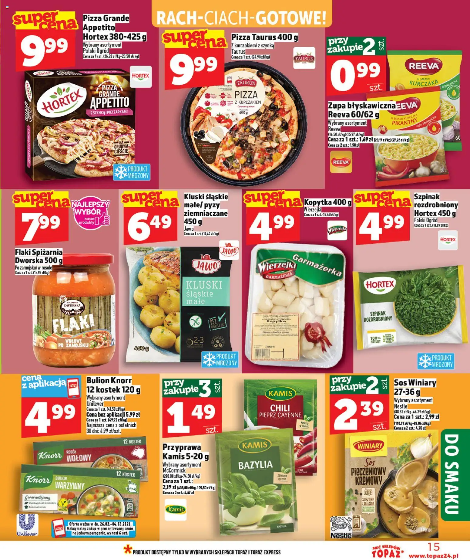 Topaz Gazetka MAZ od 26.02.2026 | Strona: 15 | Produkty: Kluski śląskie, Pizza z kurczakiem, Zupa, Pieprz