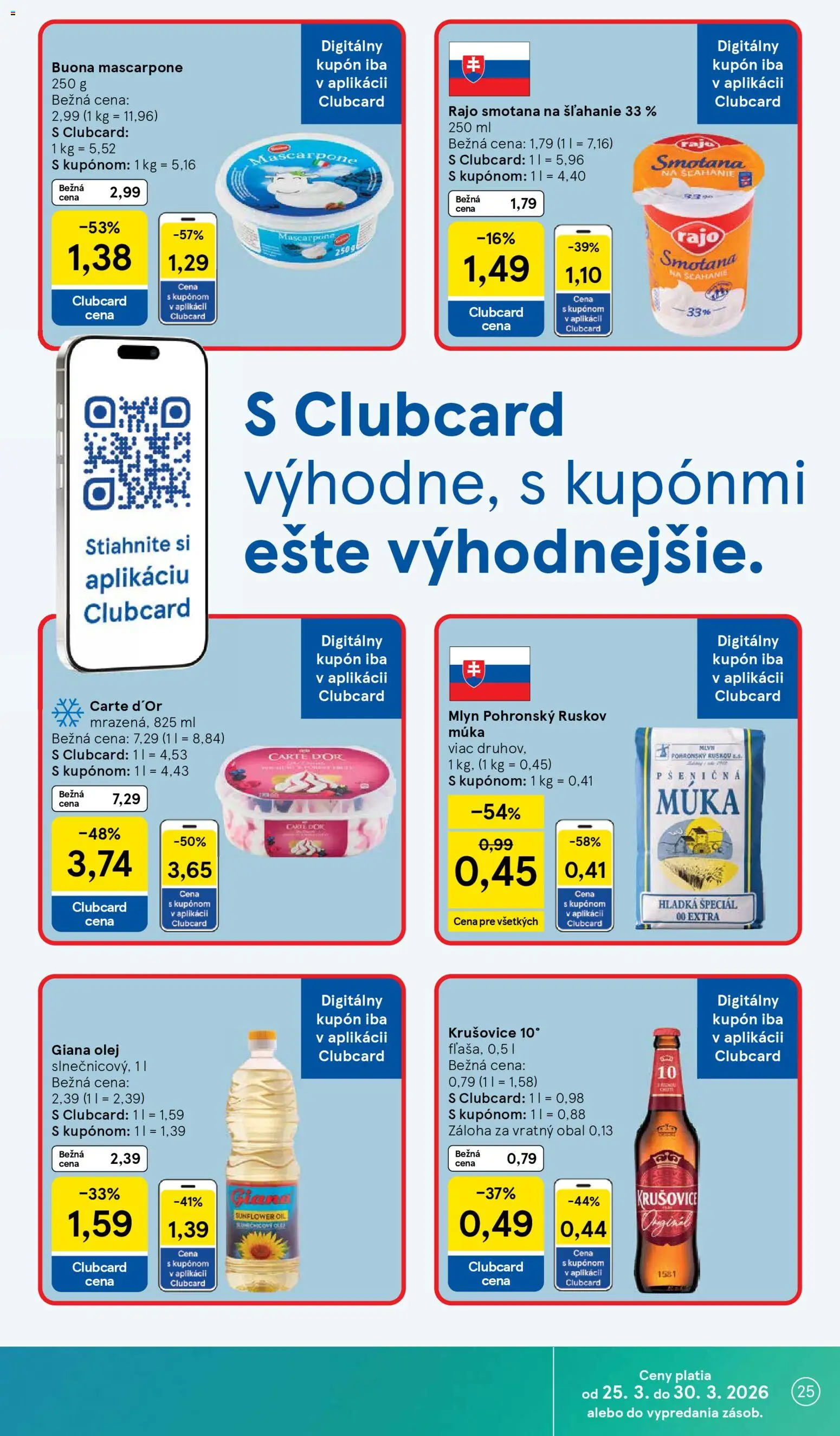 Nové Tesco akcie – leták je platný od 25.03.2026 | Strana: 25 | Produkty: Smotana, Krušovice, Mascarpone, Smotana na šľahanie