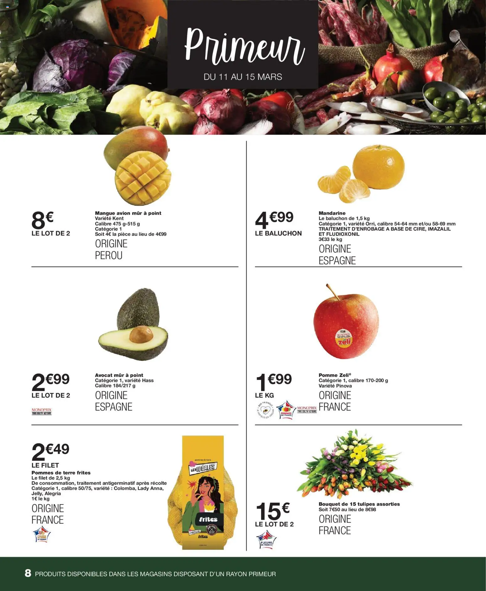 {H1} | Page: 8 | Produits: Avocat, Mangue, Pomme, Tulipes
