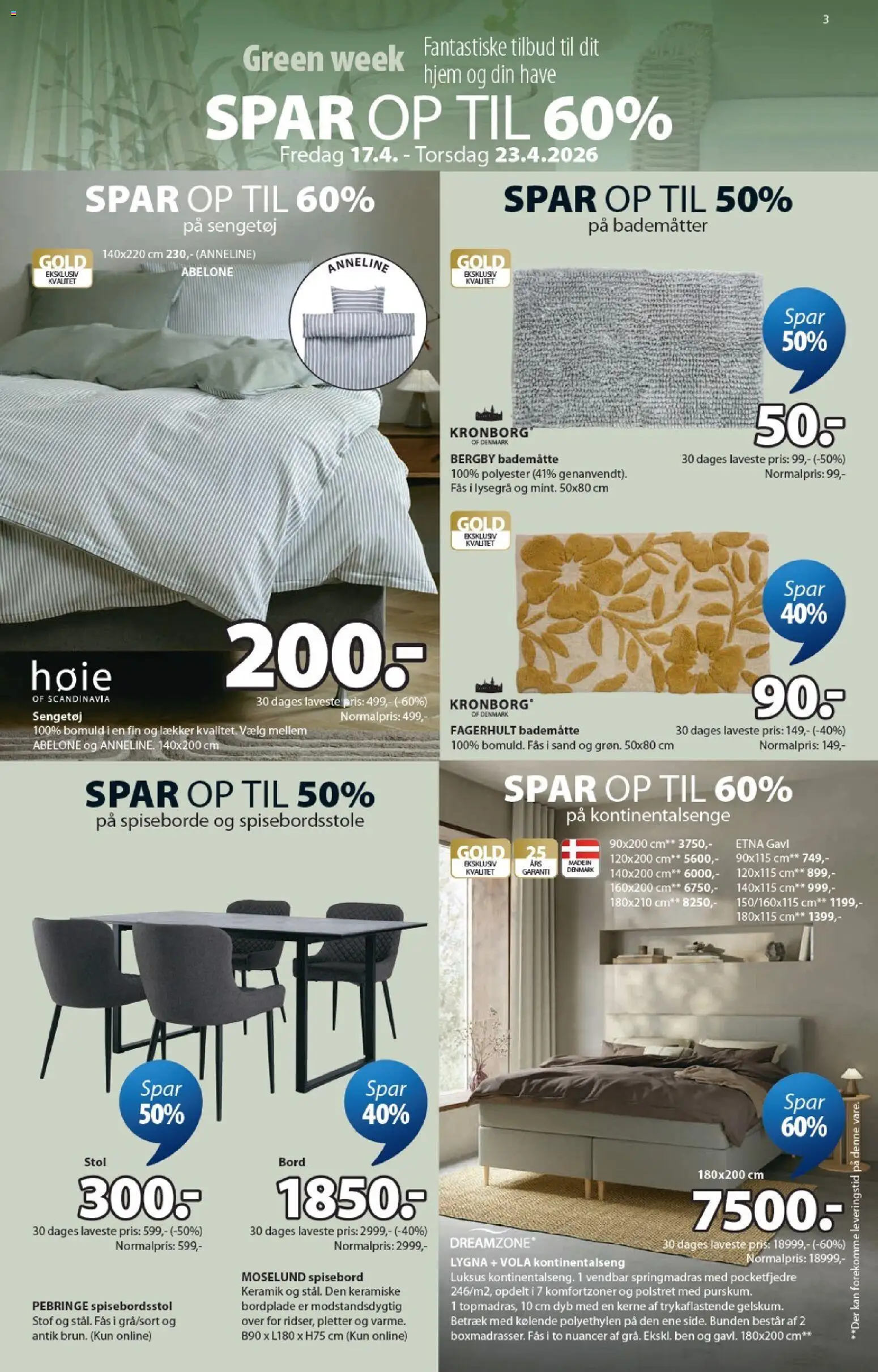JYSK tilbudsavis – gyldig fra 17.04.2026 | Side: 3 | Produkter: Bord, Stof, Spiseborde, Bademåtte