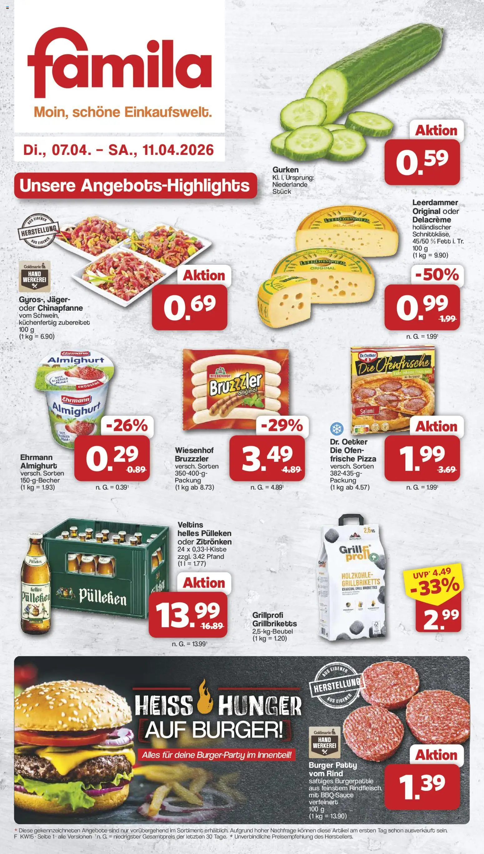 Famila Nordwest Prospekt 	 – gültig ab 07.04.2026 | Seite: 1 | Produkte: Burger, Leerdammer, Gurken, Veltins