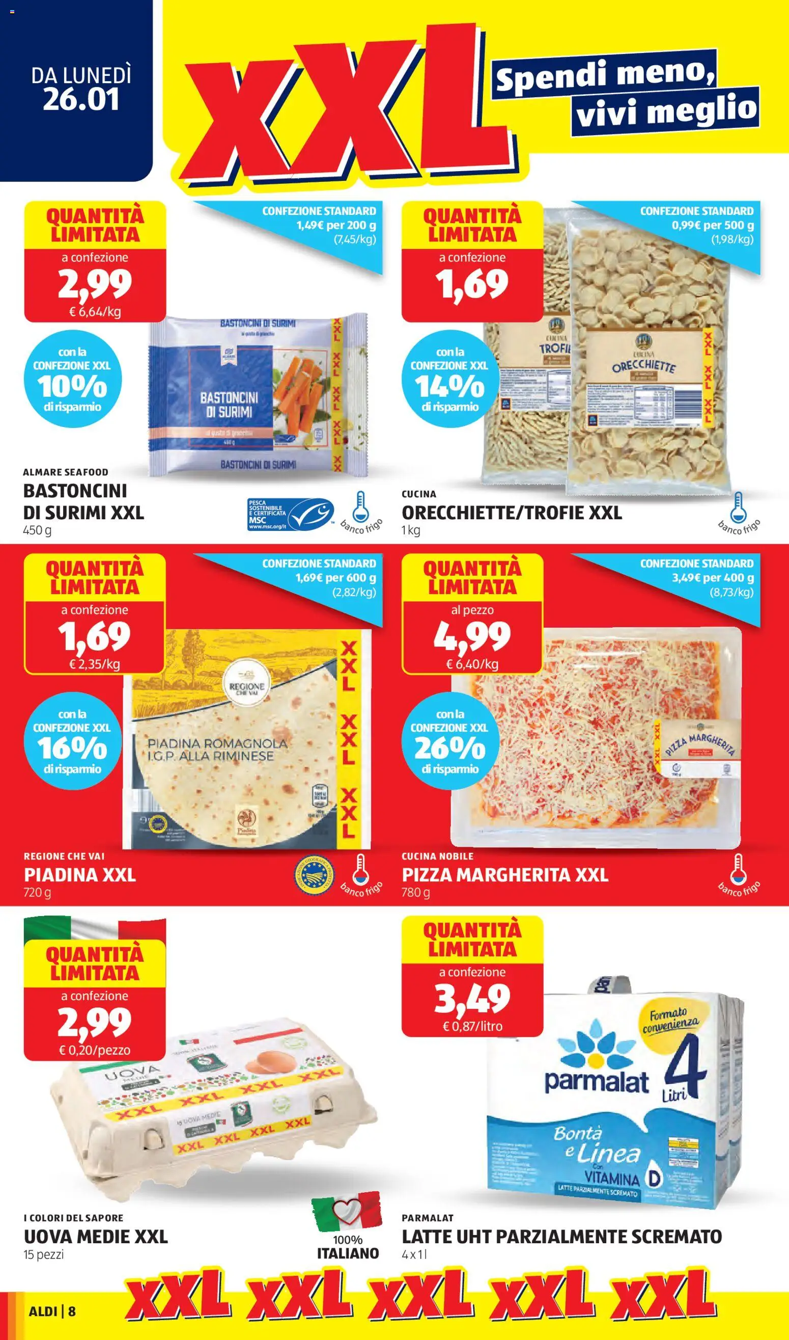 Volantino Aldi del 26.01.2026 | Pagina: 8 | Prodotti: Pizza, Surimi, Latte, Pesca