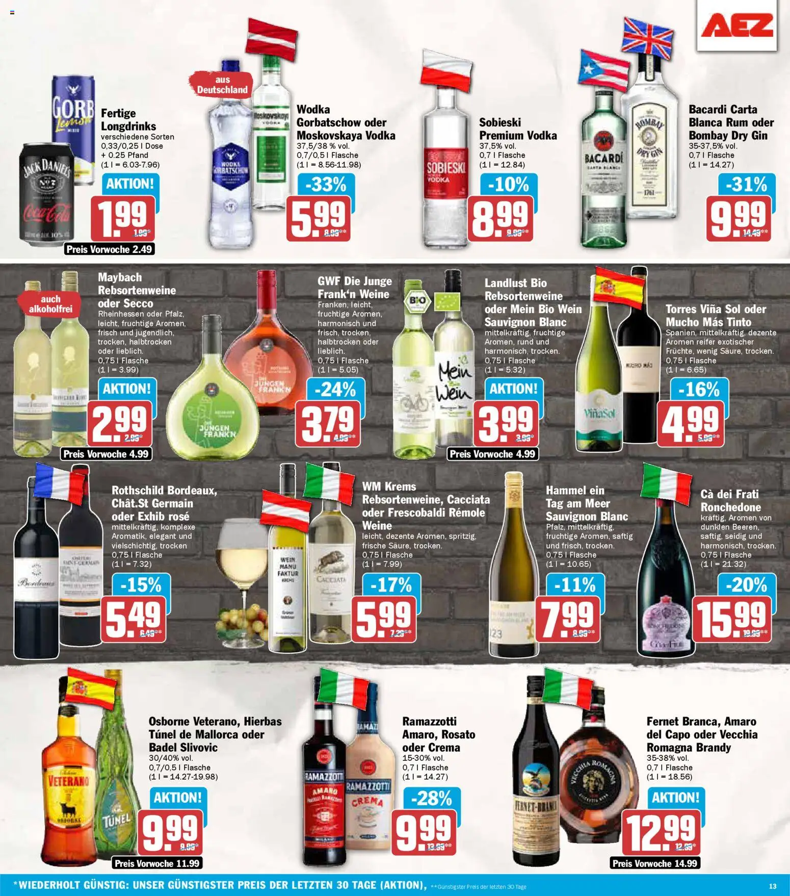 AEZ Prospekt 	 – gültig ab 10.11.2025 | Seite: 13 | Produkte: Bacardi, Osborne, Rum, Wein
