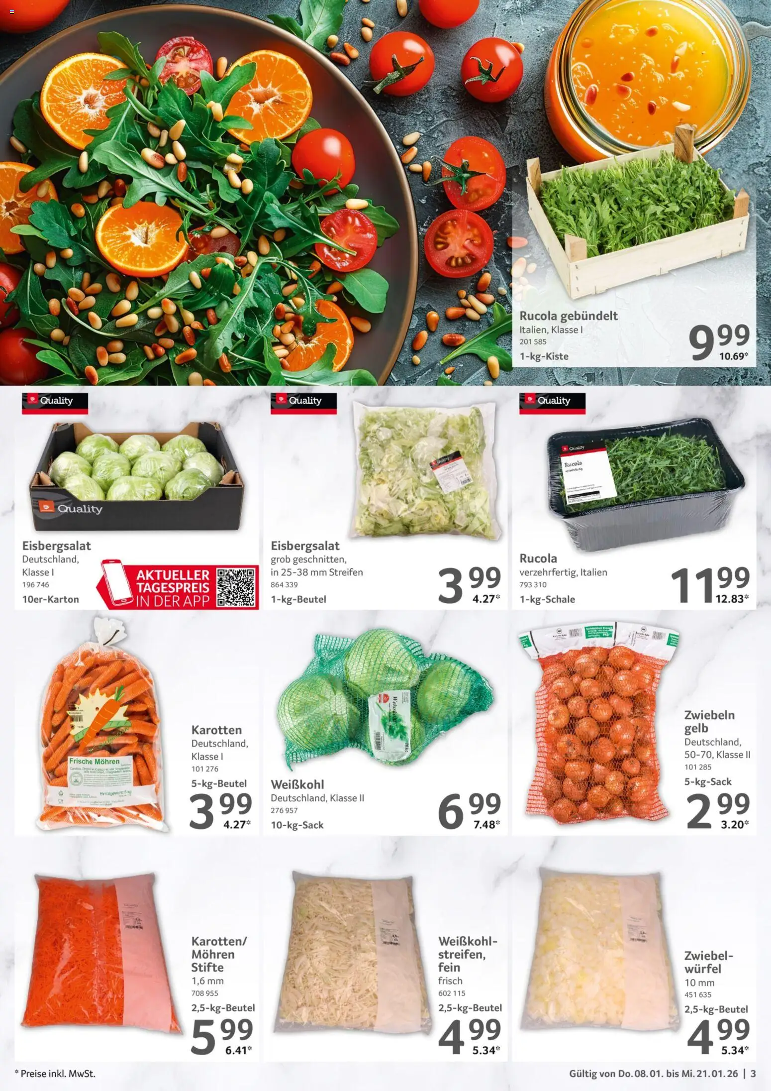 Selgros Gastronomie – gültig ab 08.01.2026 | Seite: 3 | Produkte: Rucola, Eisbergsalat, Mohren, Zwiebeln