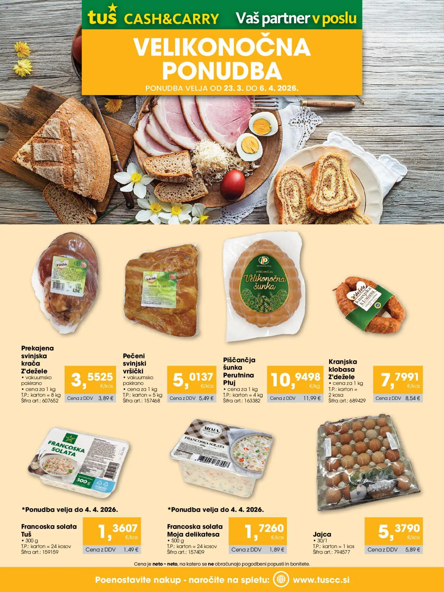 Novi Tuš katalog ponudbe – veljaven od 23.03.2026 | Stran: 1 | Izdelki: Kos, Jajca, Sunka, Solata