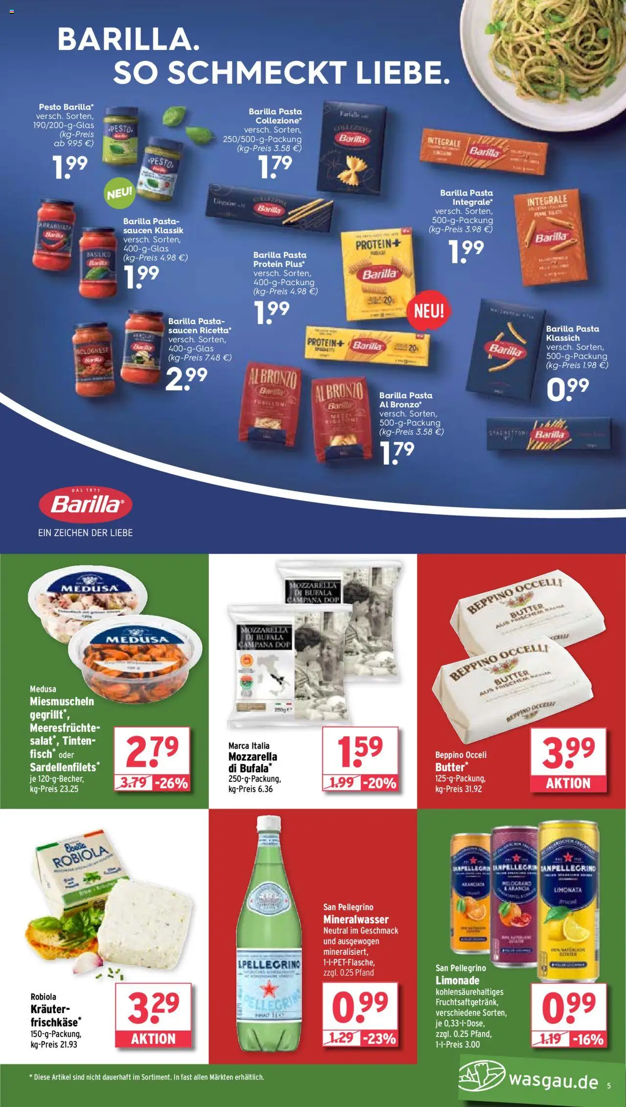 Wasgau Prospekt 	 - gültig ab dem 18.08.2025 | Seite: 5 | Produkte: Barilla, Mozzarella, Limonade, Meeresfrüchte