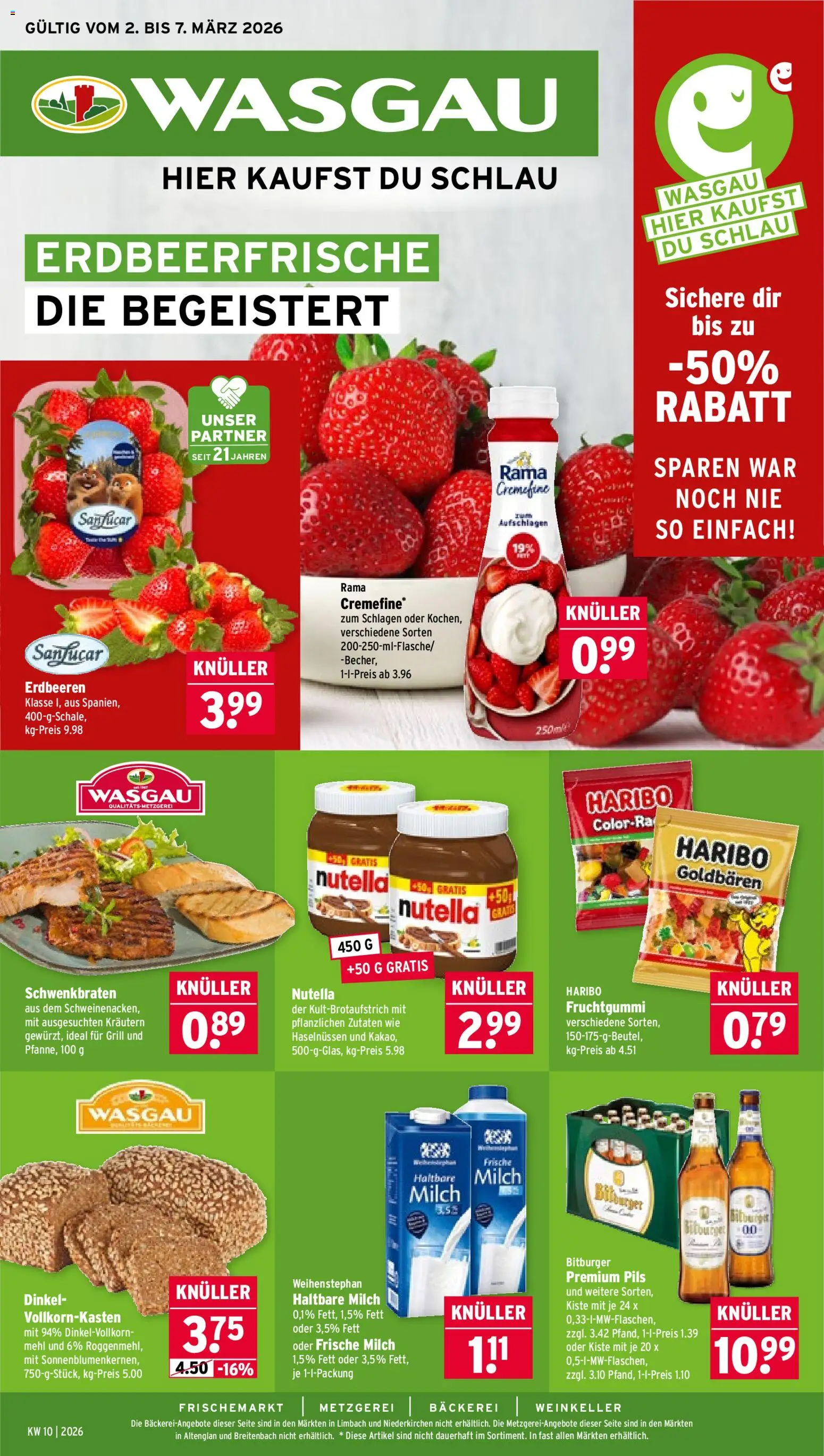 Wasgau Prospekt 	 – gültig ab 02.03.2026 | Seite: 1 | Produkte: Bäckerei, Mehl, Milch, Erdbeeren