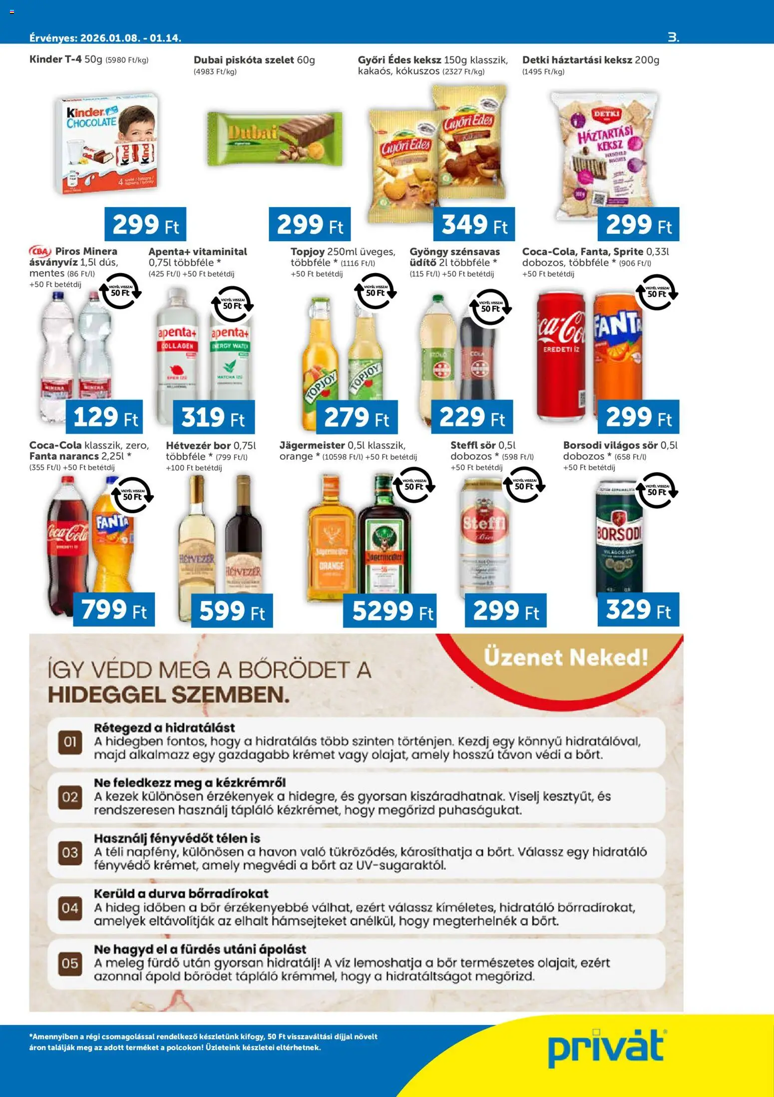 PRIVÁT akciós ujság - amely érvényes a következő dátumtól: 08.01.2026 | Oldal: 3 | Termékek: Jägermeister, Steffl sör, Cola, Steffl