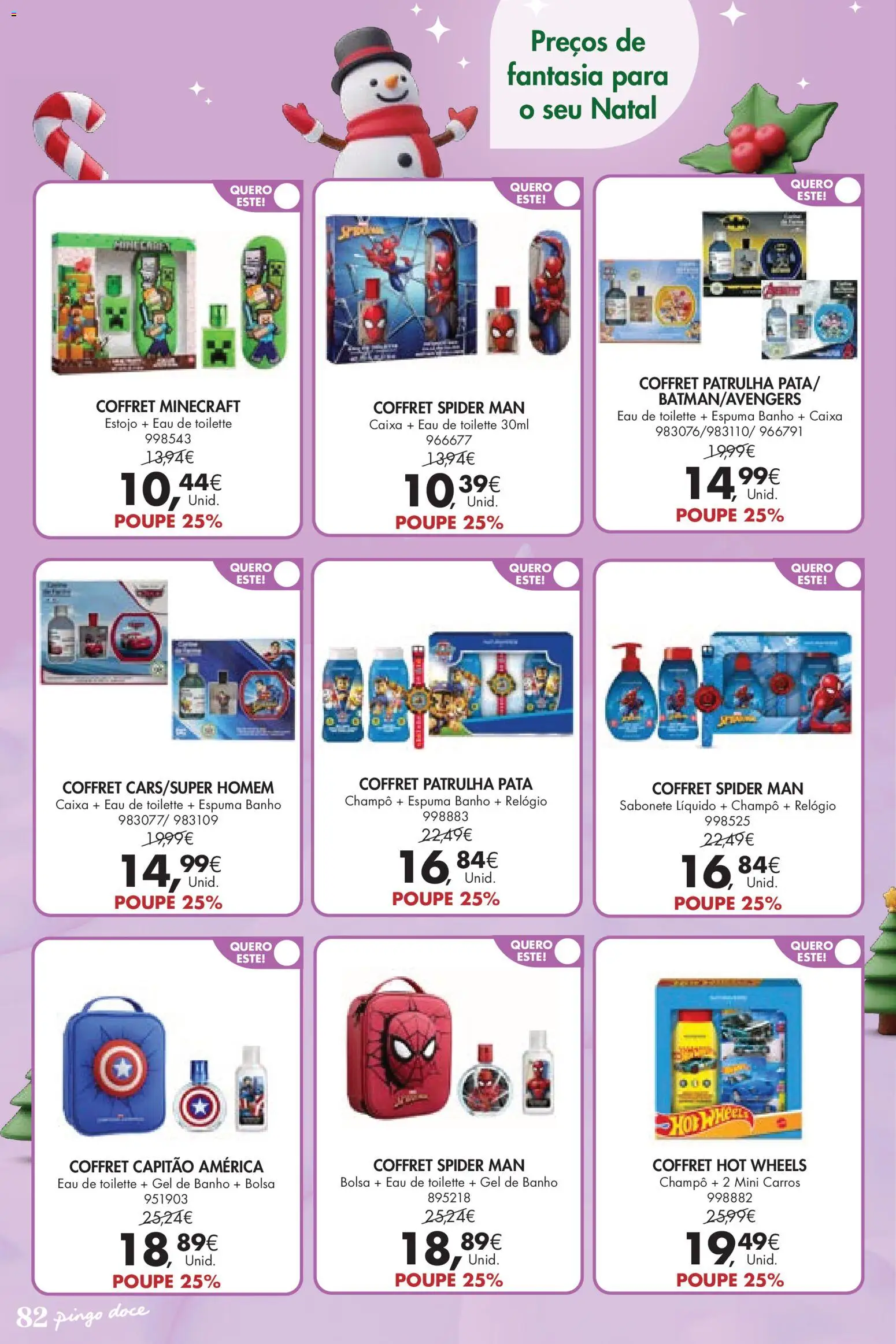 Pingo Doce  Brinquedos Natal Lojas Hipers │ válido de 18.11.2025 | Página: 82 | Produtos: Bolsa, Eau de toilette, Gel de banho, Sabonete