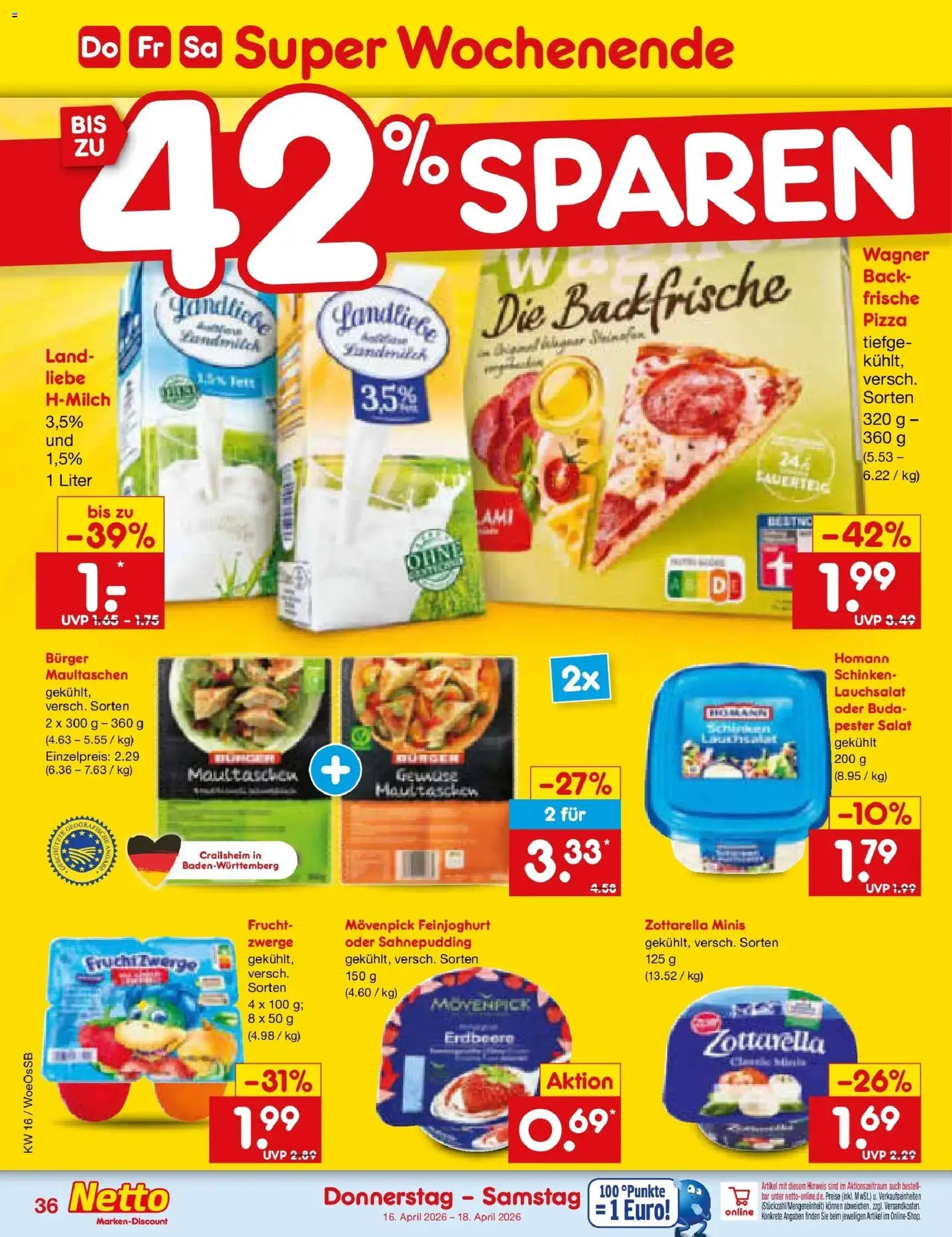 Netto Marken-Discount Prospekt Gemmingen	 – gültig ab 13.04.2026 | Seite: 13 | Produkte: Fruchtzwerge, Burger, Maultaschen, Salat
