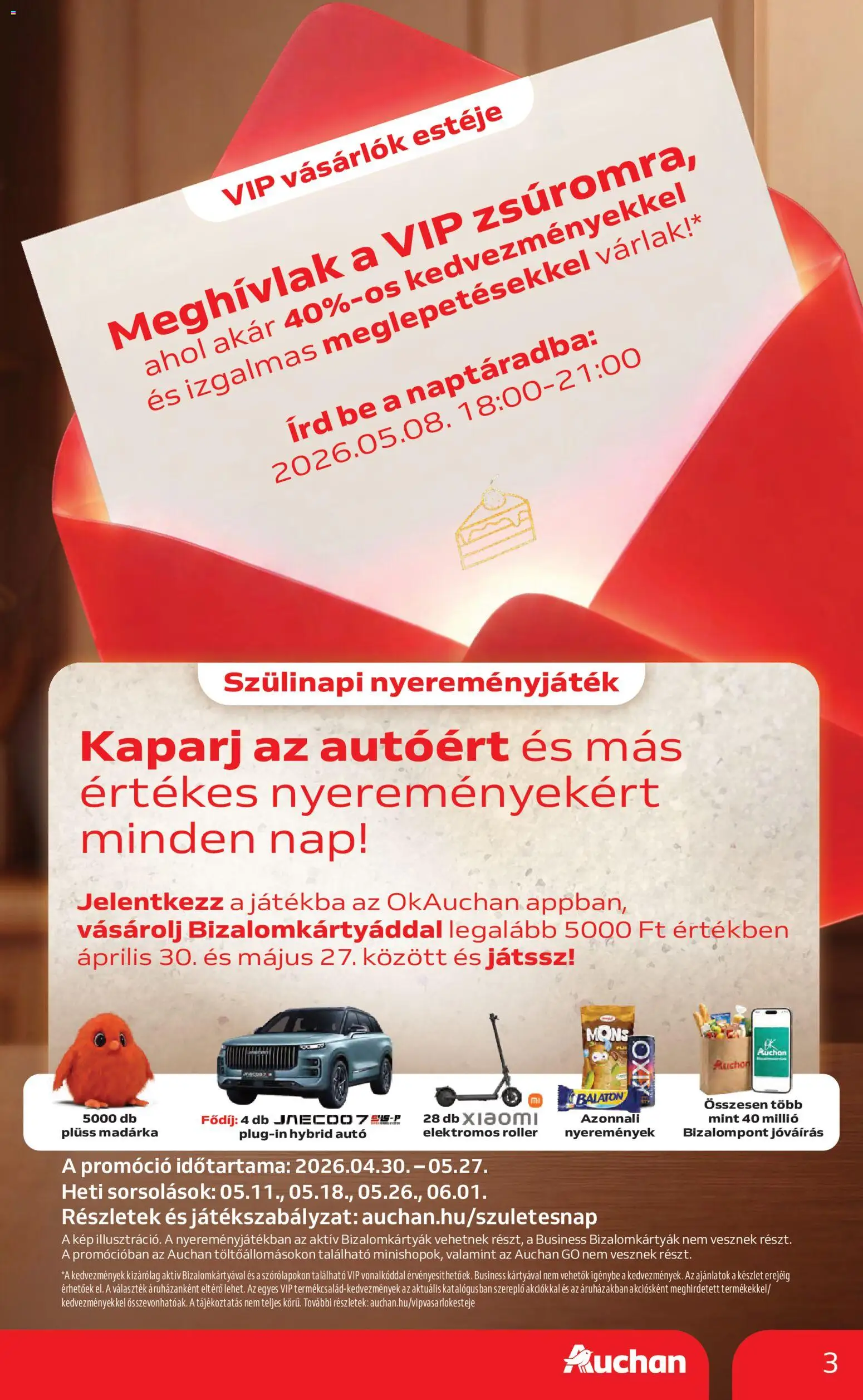 Auchan akciós ujság - amely érvényes a következő dátumtól: 30.04.2026 | Oldal: 3 | Termékek: Roller, Elektromos roller, Plüss, Xiaomi