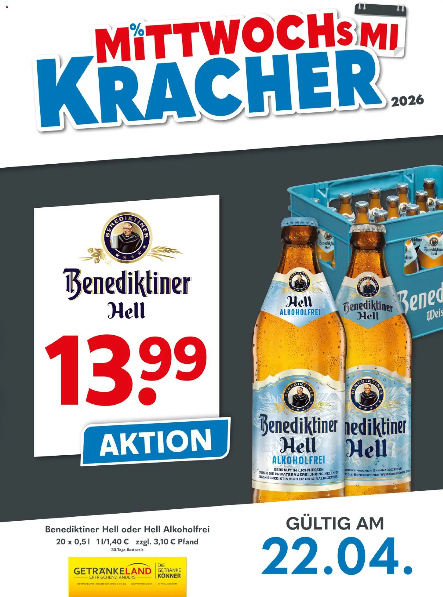 Getränkeland Mittwochs Kracher – gültig ab 22.04.2026 | Seite: 1 | Produkte: Benediktiner hell