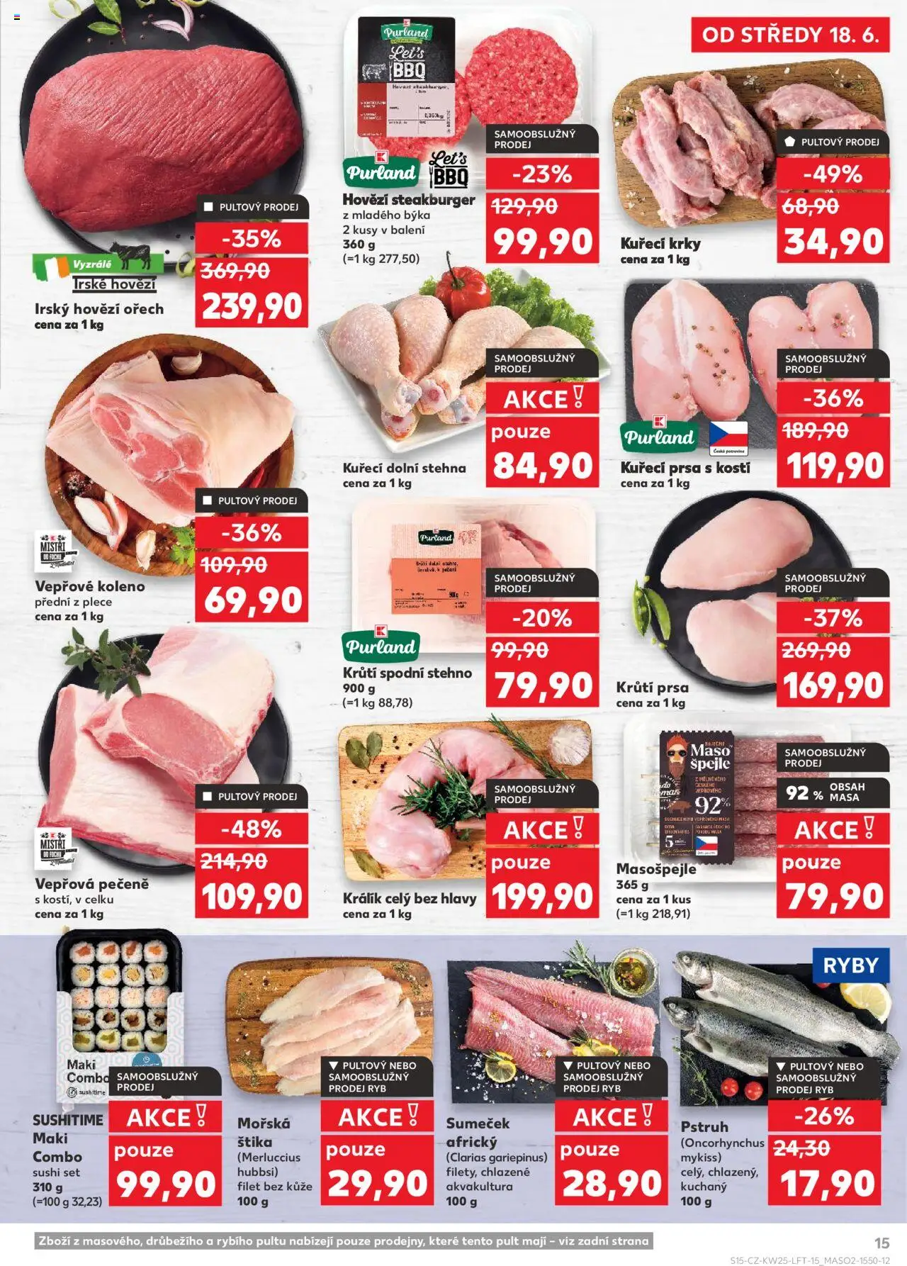 Kaufland leták od 18.06.2025 | Strana: 15 | Produkty: Vepřové koleno, Burger, Pstruh, Sushi set