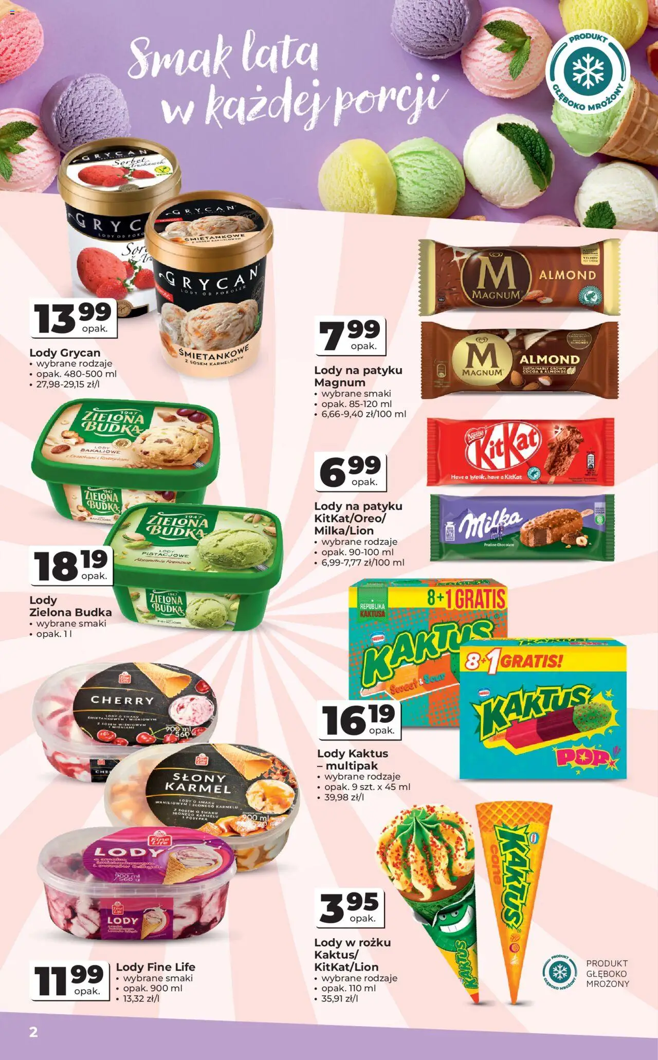 Odido Gazetka od 06.08.2025 | Strona: 2 | Produkty: Lody Grycan, Lody na patyku, Lody pistacjowe, Lody Kaktus