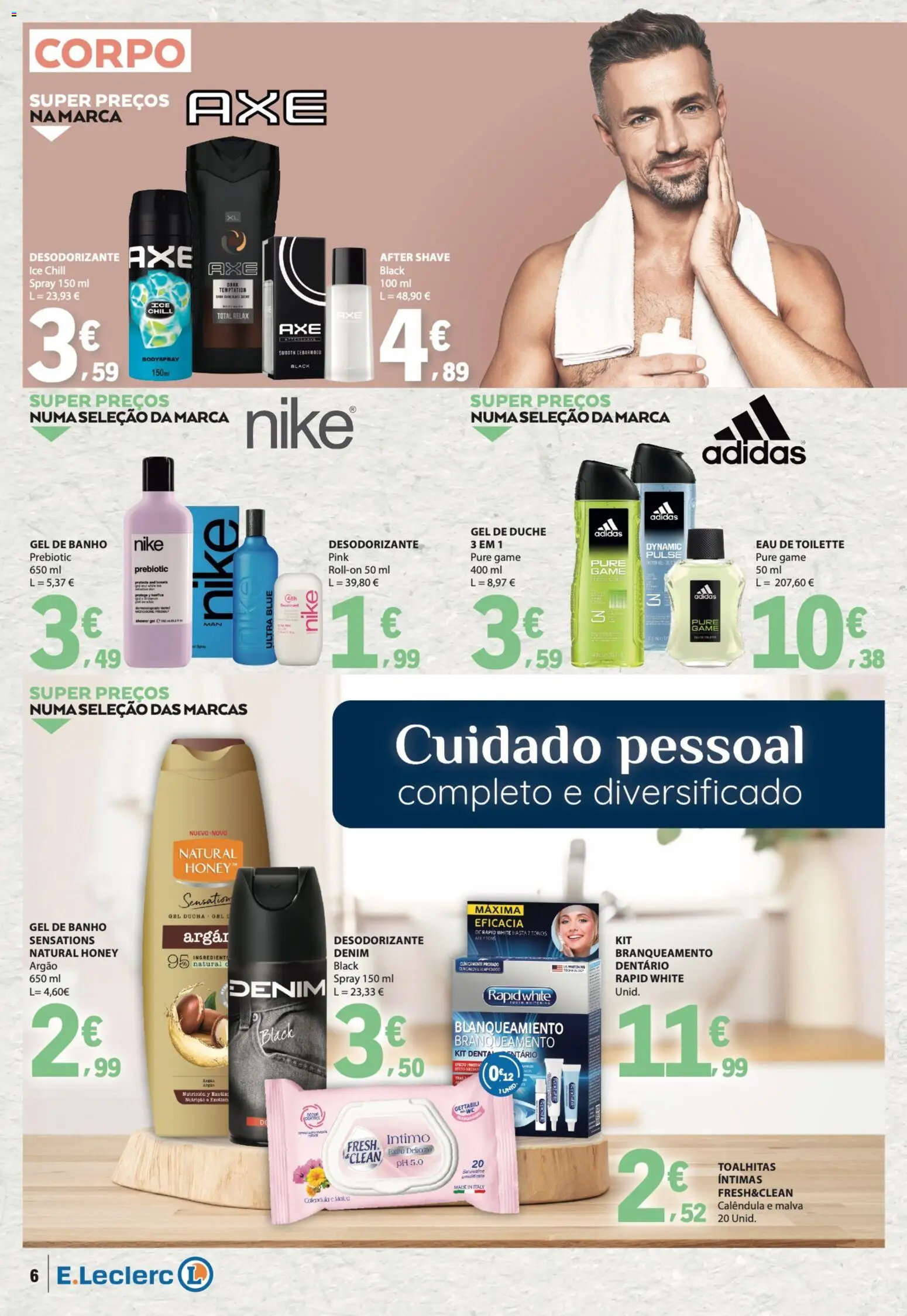 E.Leclerc folheto Especial Beleza │ válido de 07.04.2026 | Página: 6 | Produtos: Eau de toilette, Gel de banho, Desodorizante, Banho