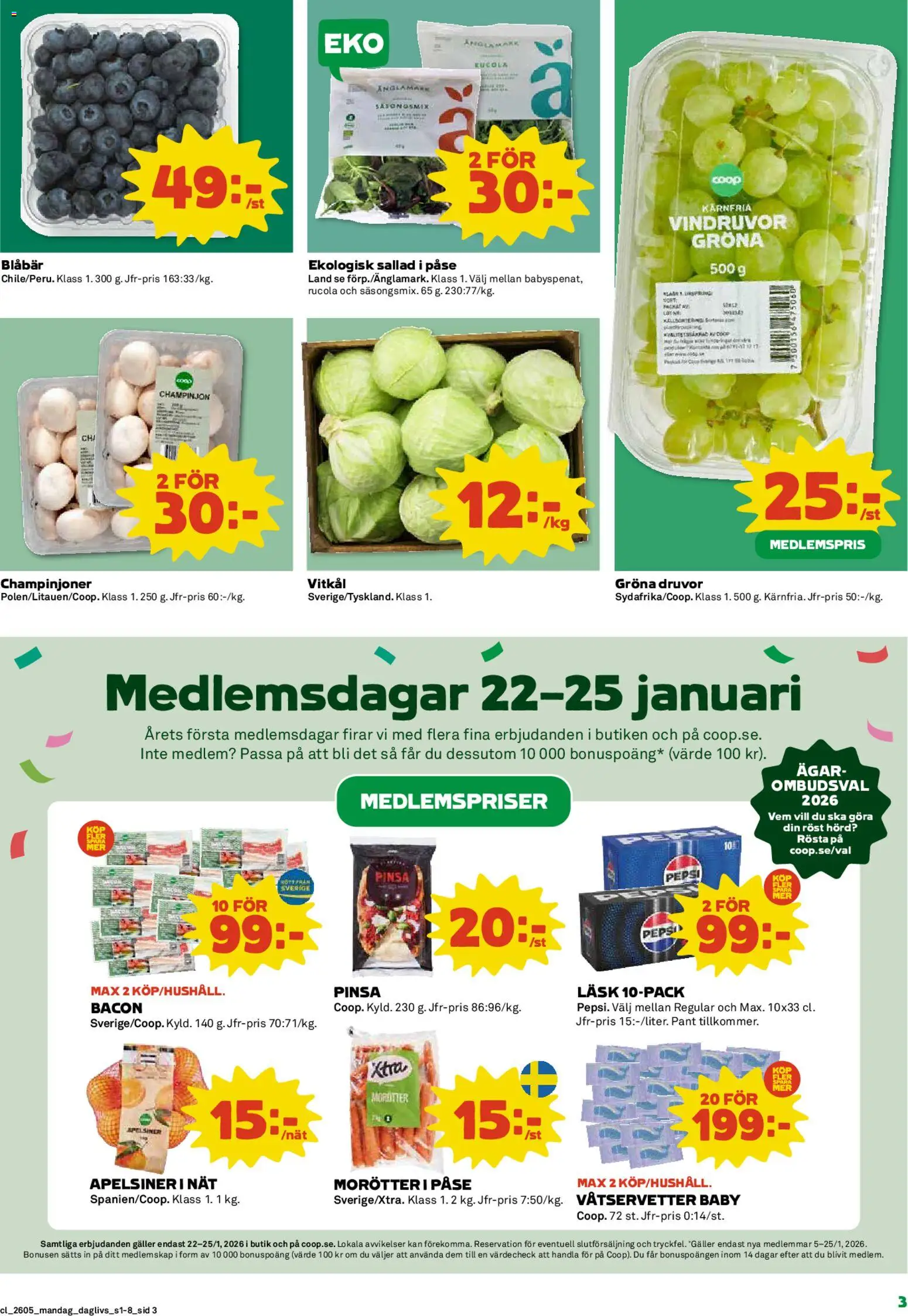 Coop Forum reklamblad aktuell från 26.01.2026 | Sida: 3 | Produkter: Vitkål, Champinjoner, Apelsiner, Blåbär