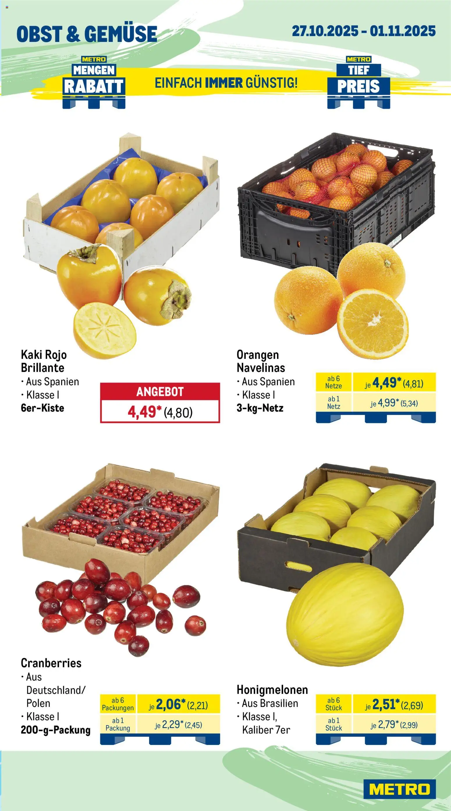 Metro Prospekt 	 – gültig ab 27.10.2025 | Seite: 7 | Produkte: Orangen, Gemüse, Obst, Kaki