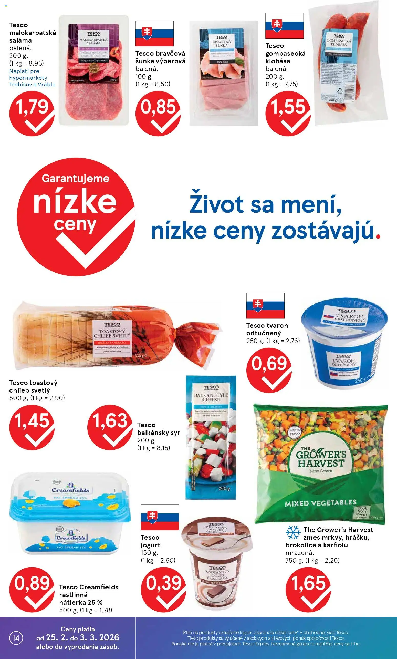 Nové Tesco akcie – leták je platný od 25.02.2026 | Strana: 14 | Produkty: Jogurt, Saláma, Klobása, Tvaroh