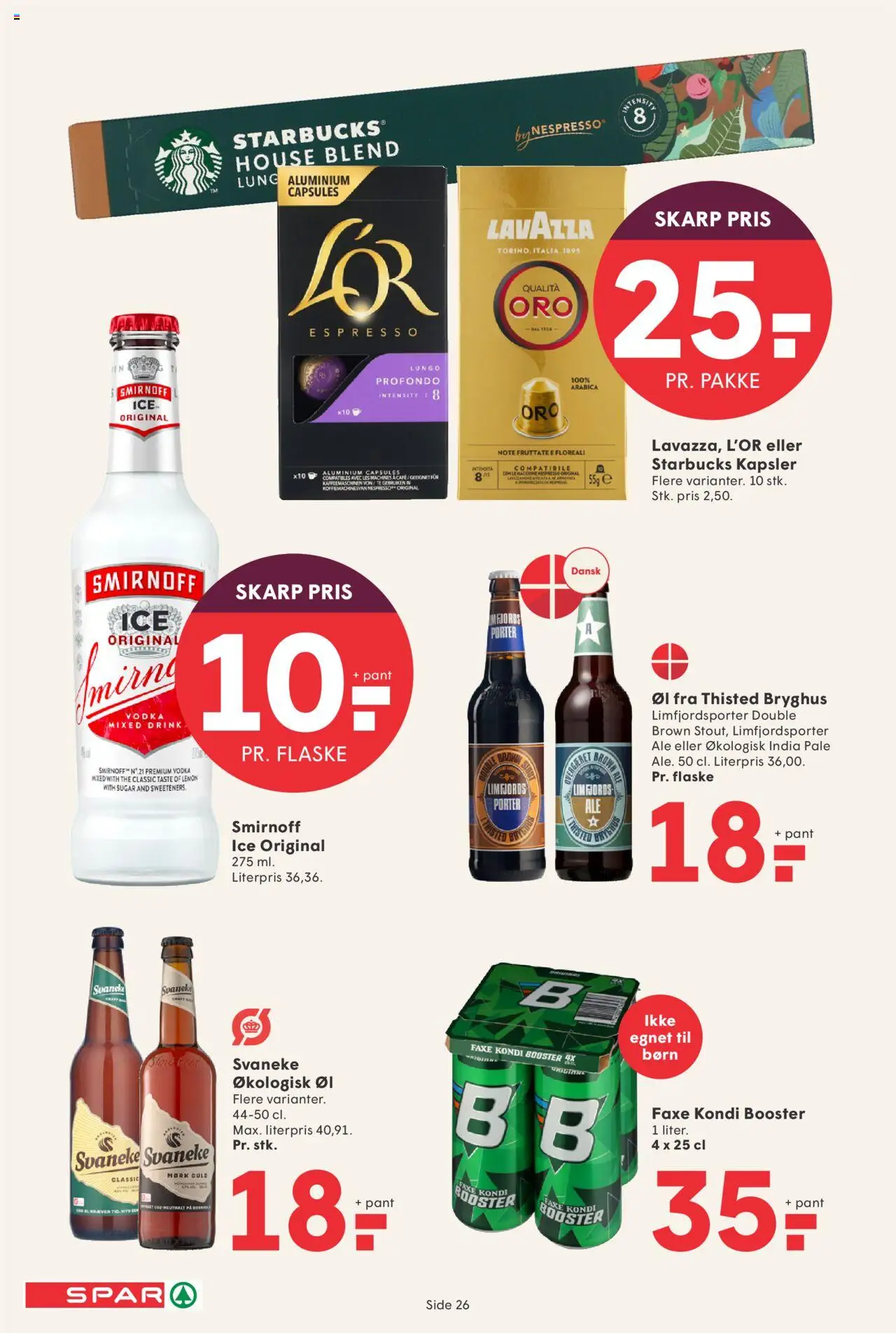 Spar tilbudsavis – gyldig fra 19.09.2025 | Side: 26 | Produkter: Øl, Te, Vodka, Faxe Kondi