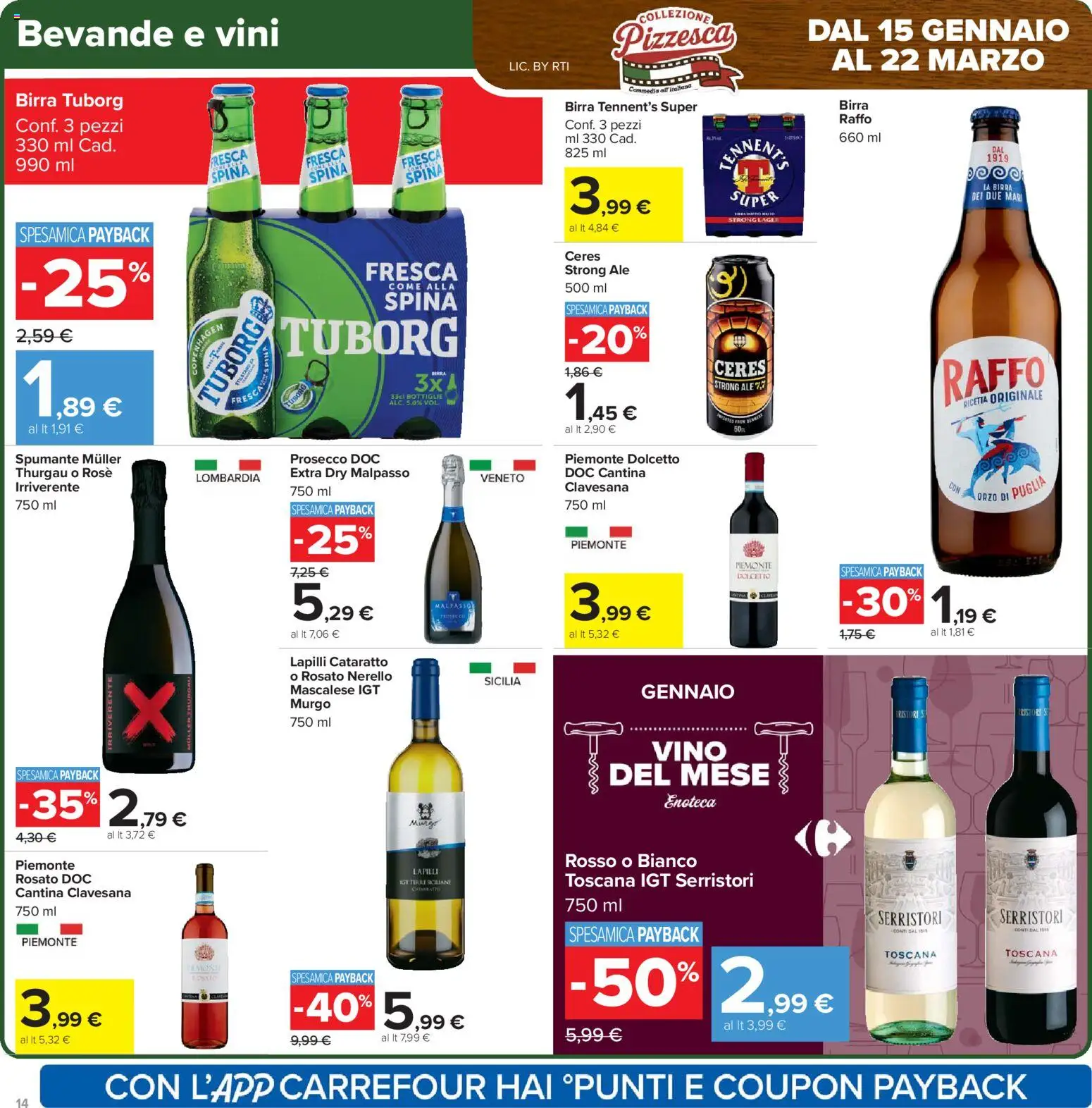 Volantino Carrefour del 15.01.2026 | Pagina: 14 | Prodotti: Tennent's, Birra, Ceres, Spumante
